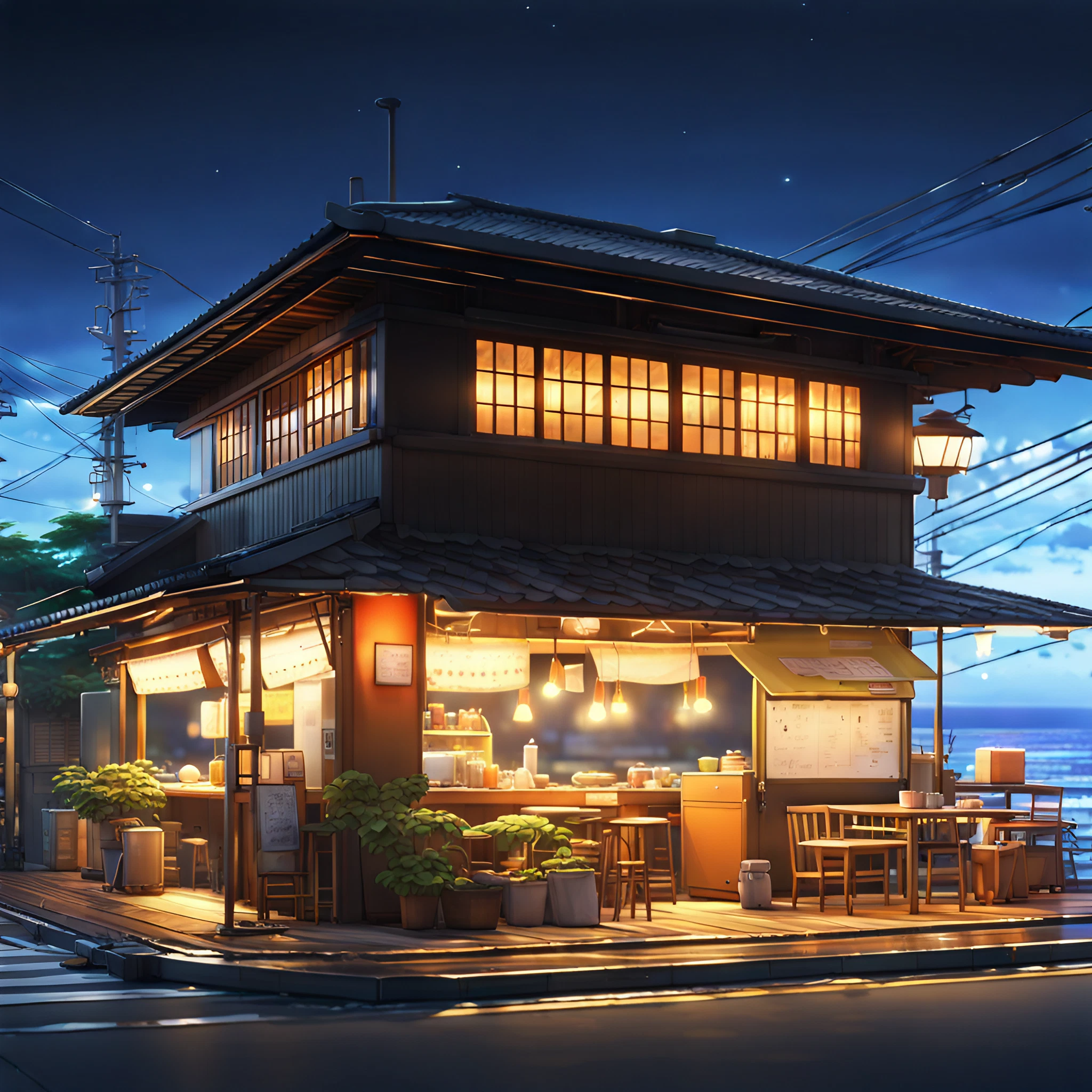 美しい日本の屋台と綺麗に明かりの灯る朝焼けの風景