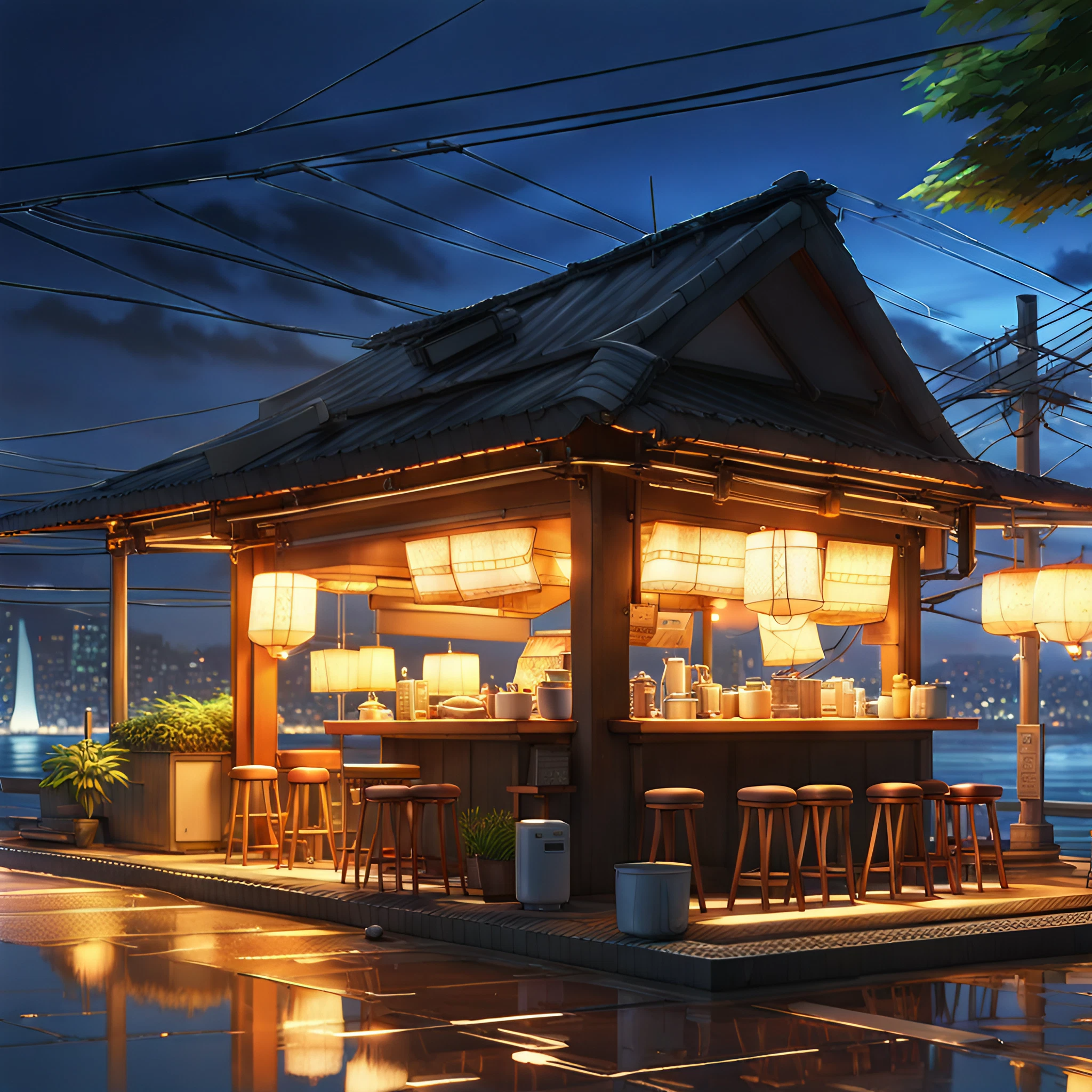 美しい日本の屋台と綺麗に明かりの灯る朝焼けの風景