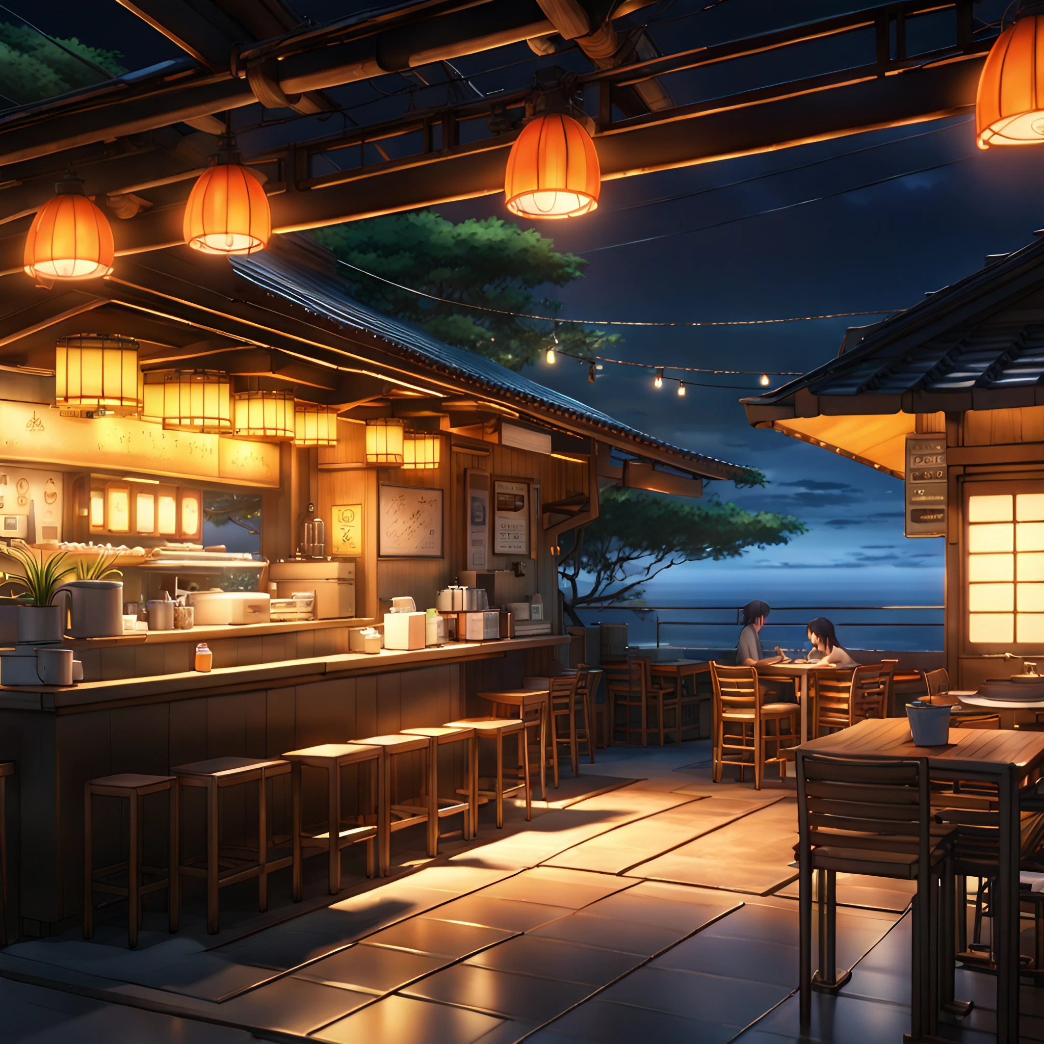 美しい日本の屋台の店内＆提灯の明かりと綺麗な夜空の無料壁紙画像