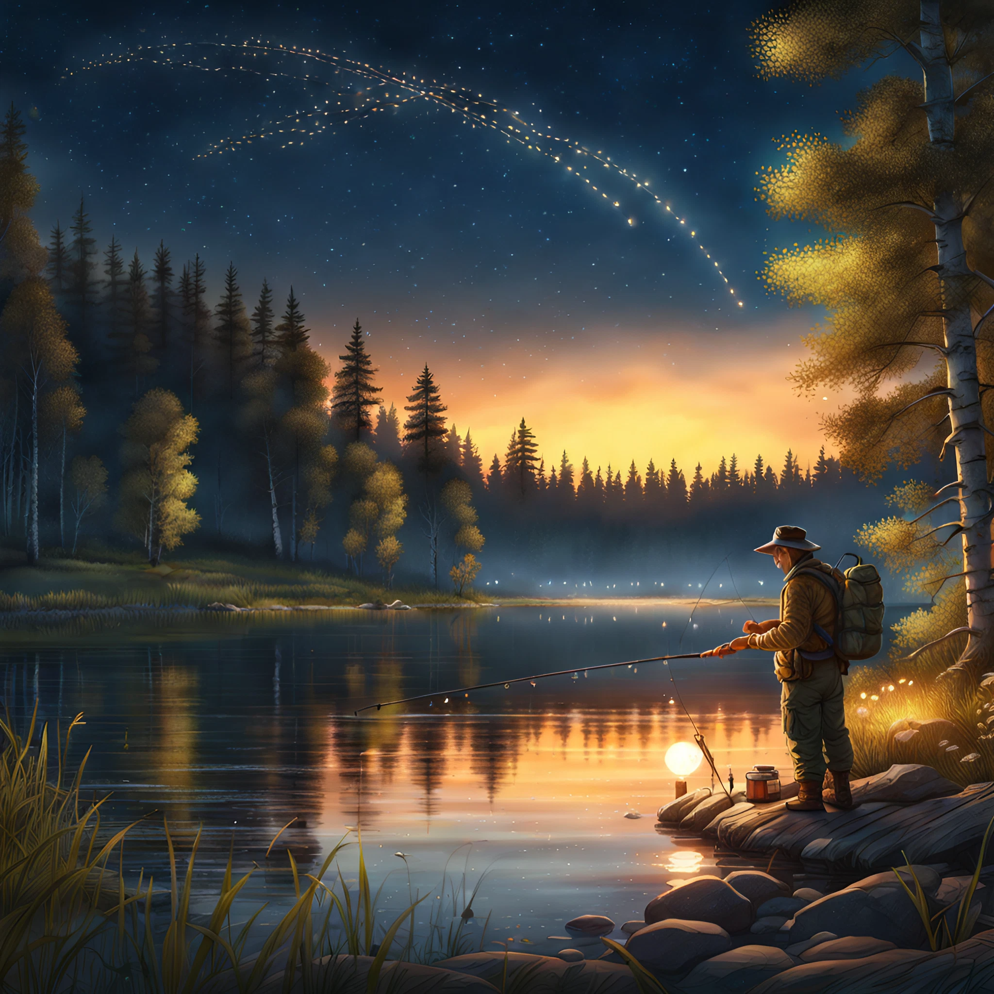美しく綺麗な夜空の下で釣りをする旅人＆夕暮れの川と山の無料リアルイラスト