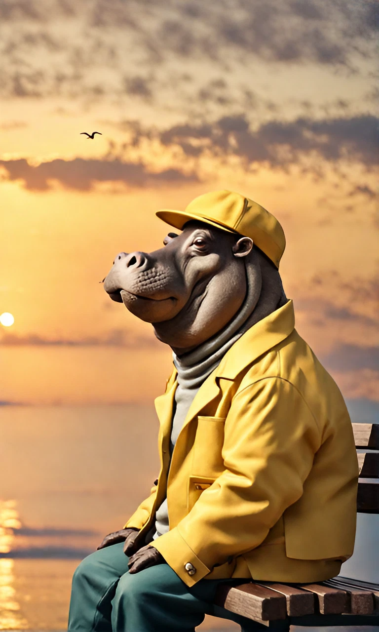 黄色のジャケットを着たカバが綺麗な黄昏を眺める3D風リアルなフリーイラスト