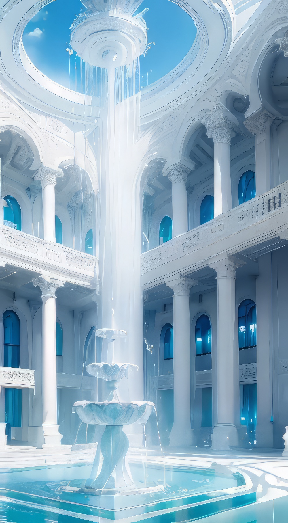 かっこいい噴水と青空＆氷の建物のファンタジーな幻想的な光景の無料スマホ壁紙