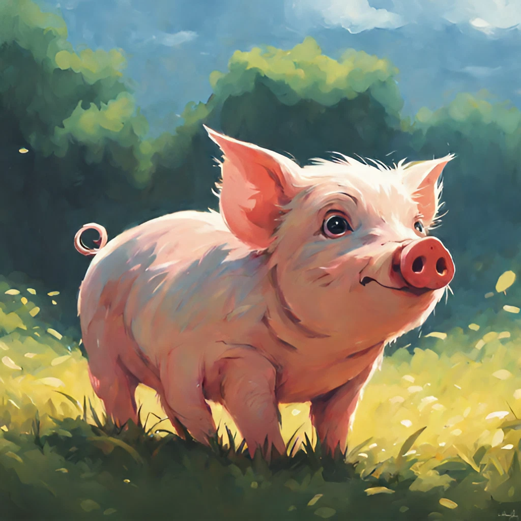 かわいい子豚と晴れた青空の木々と山道を歩く動物の無料イラスト素材