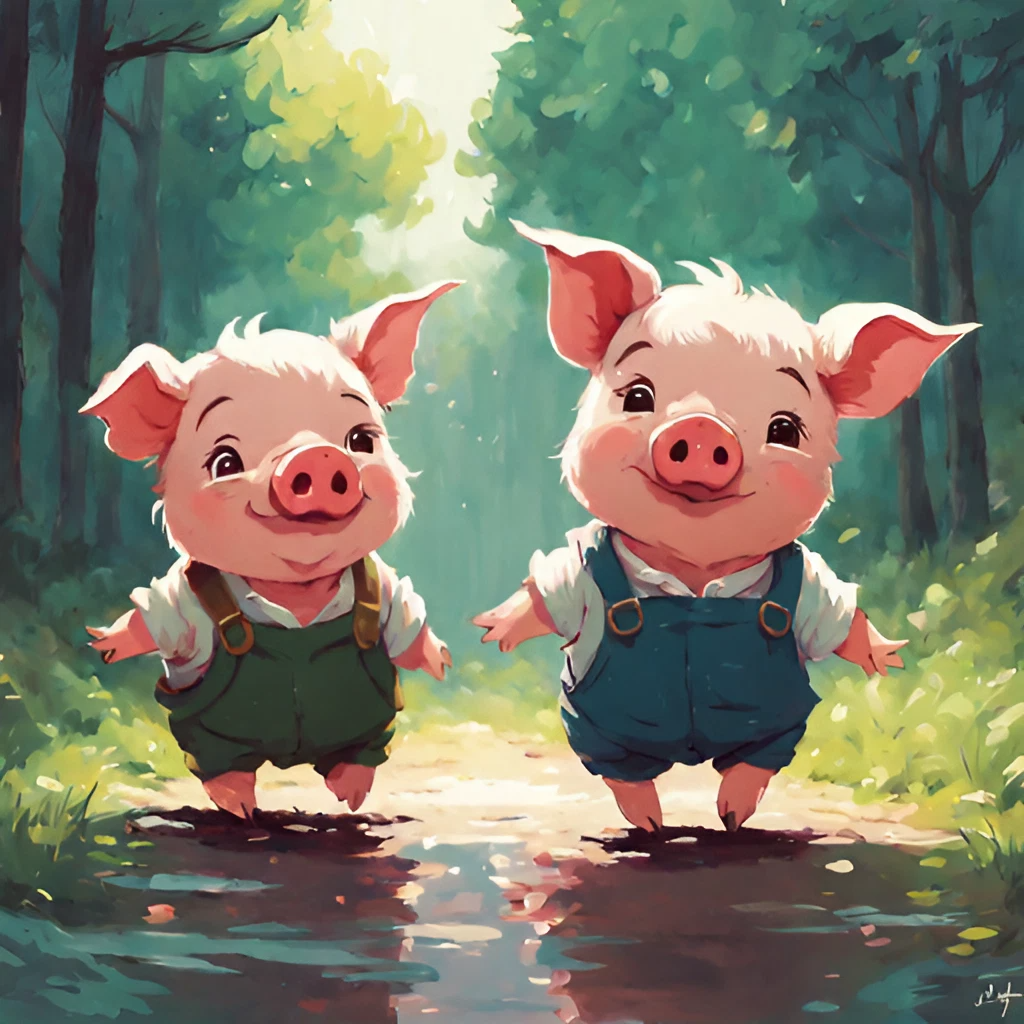 かわいい子豚＆田舎の山道を歩く兄弟の動物のフリーイラスト