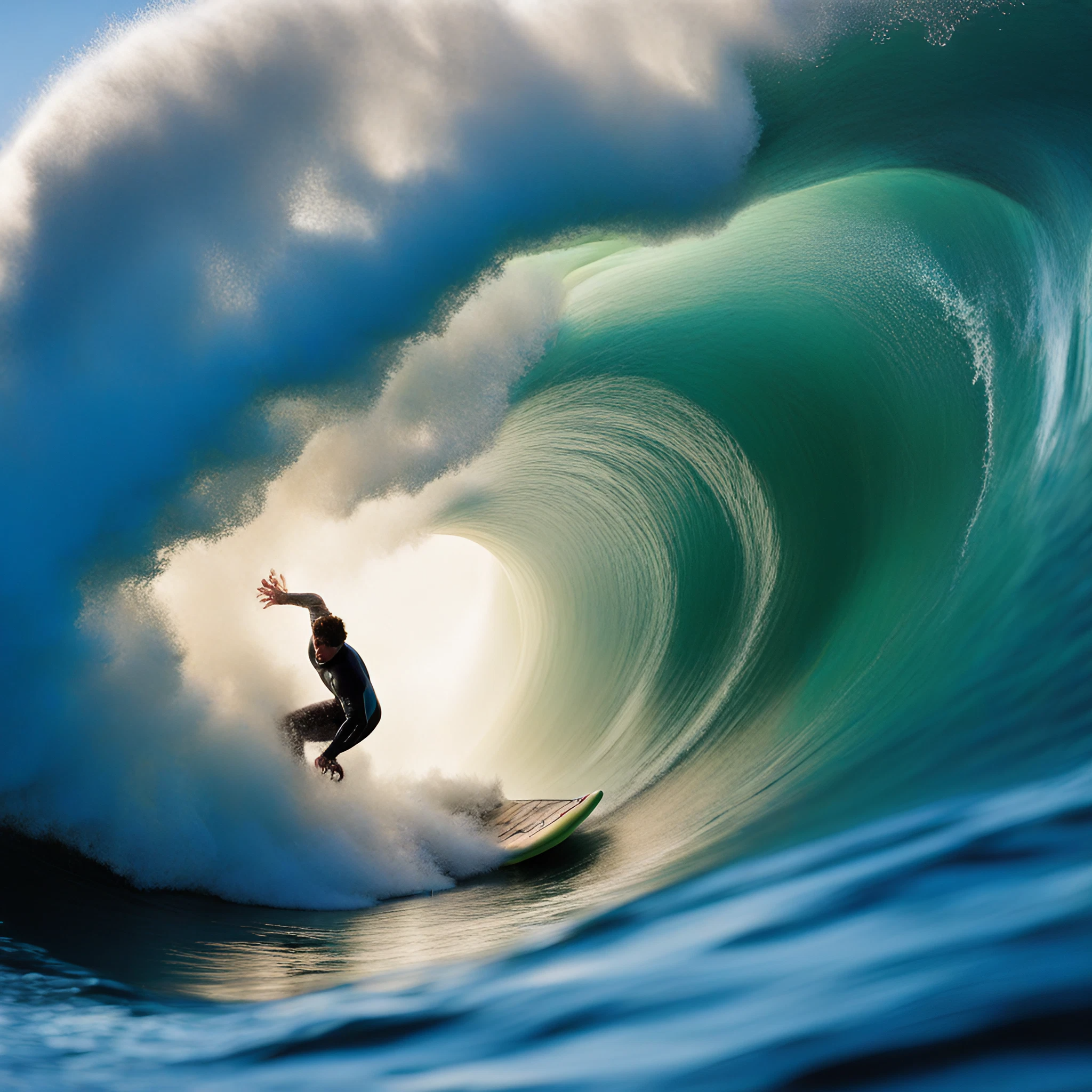 チューブの大波を進むサーファー＆かっこいいスポーツマンの無料リアル写真風画像