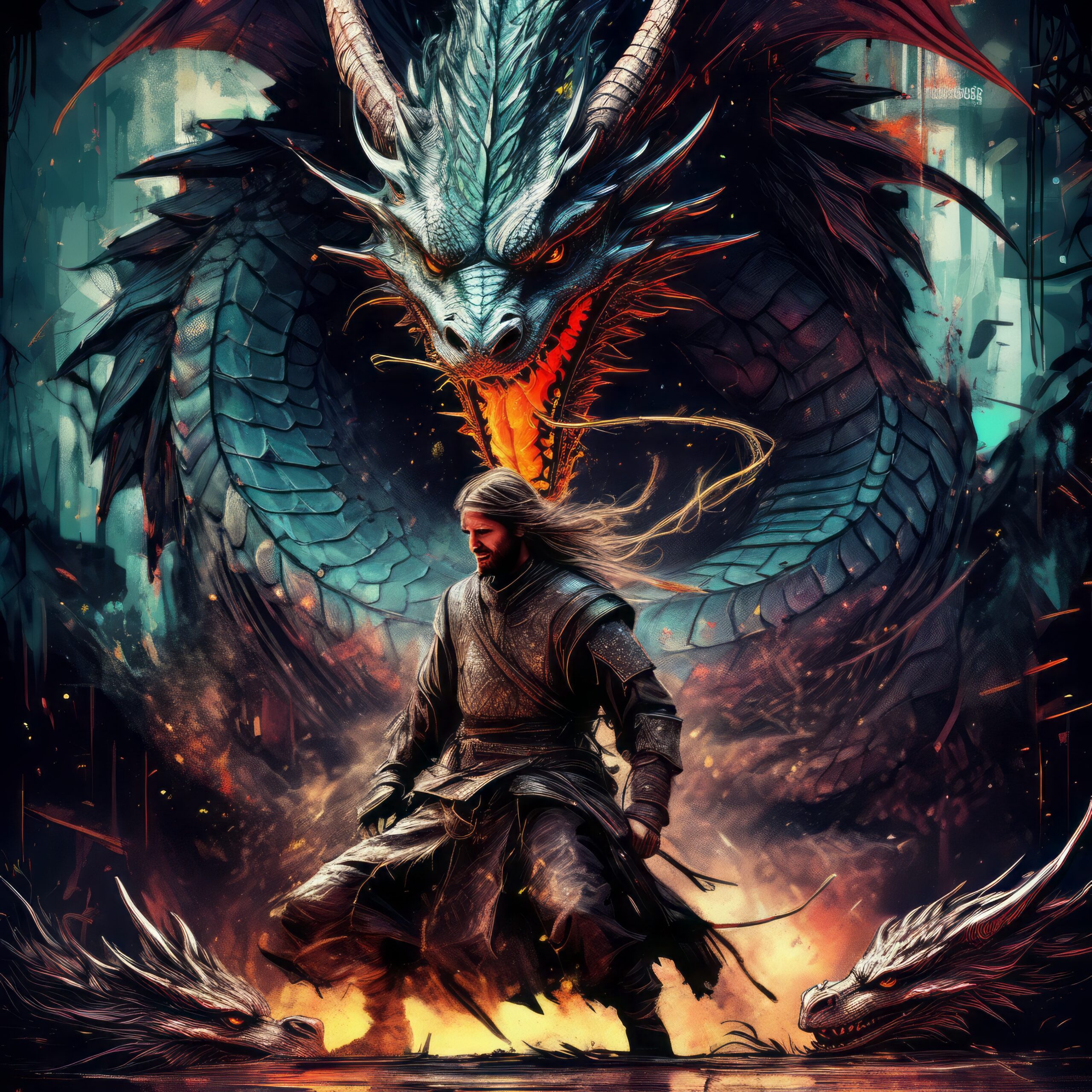 ドラゴンと戦うかっこいい侍＆ファンタジーのバトルシーンの無料イラスト画像素材