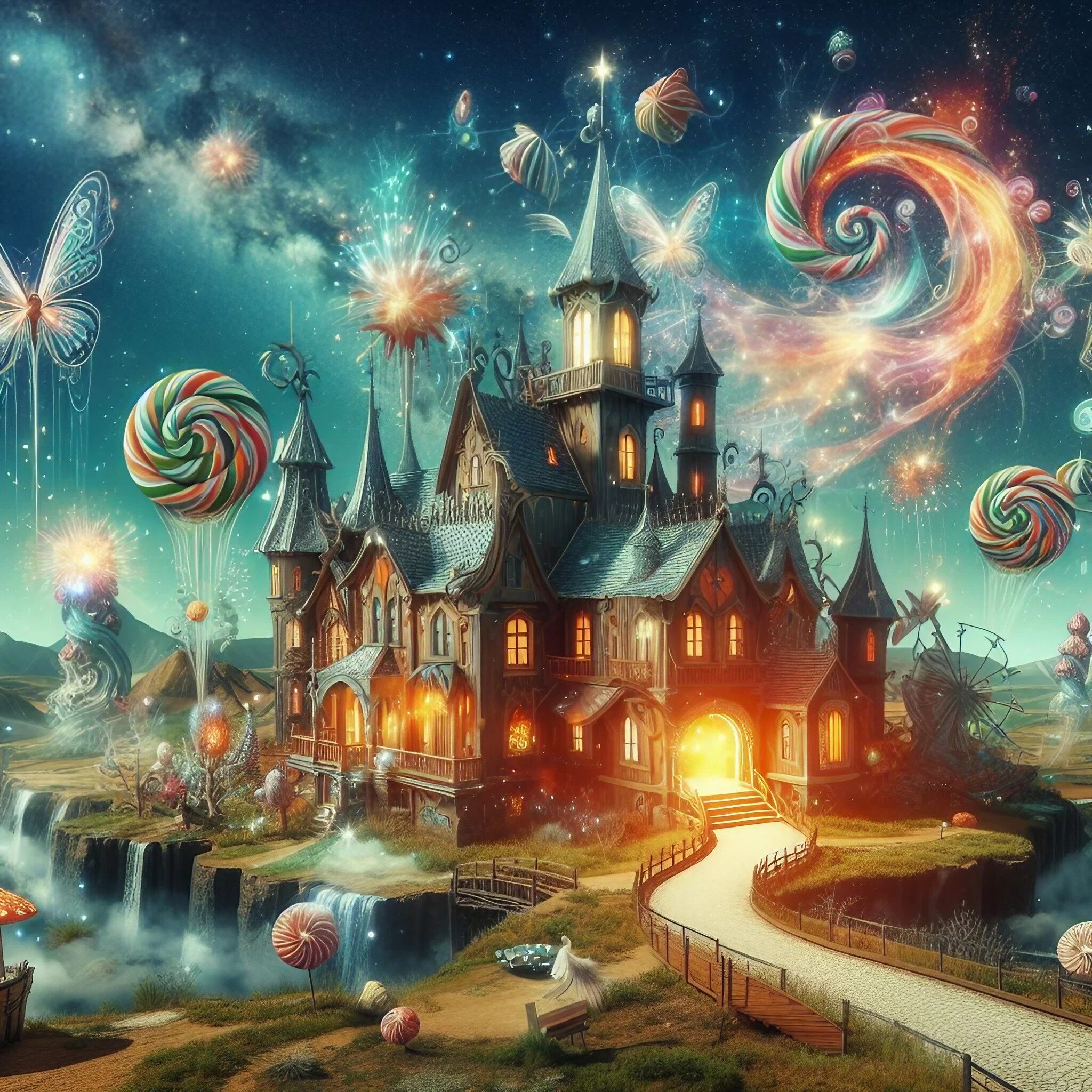 メルヘンなお菓子のお城＆ファンタジー夜空と美しい明かりの無料リアルイラスト