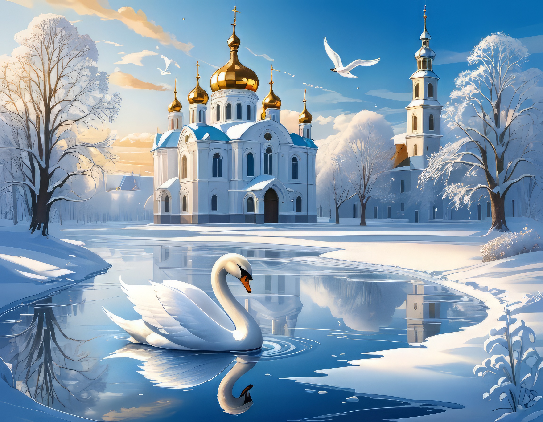 北欧の城とかっこいい白鳥＆綺麗な湖と空の雪景色のフリーイラスト