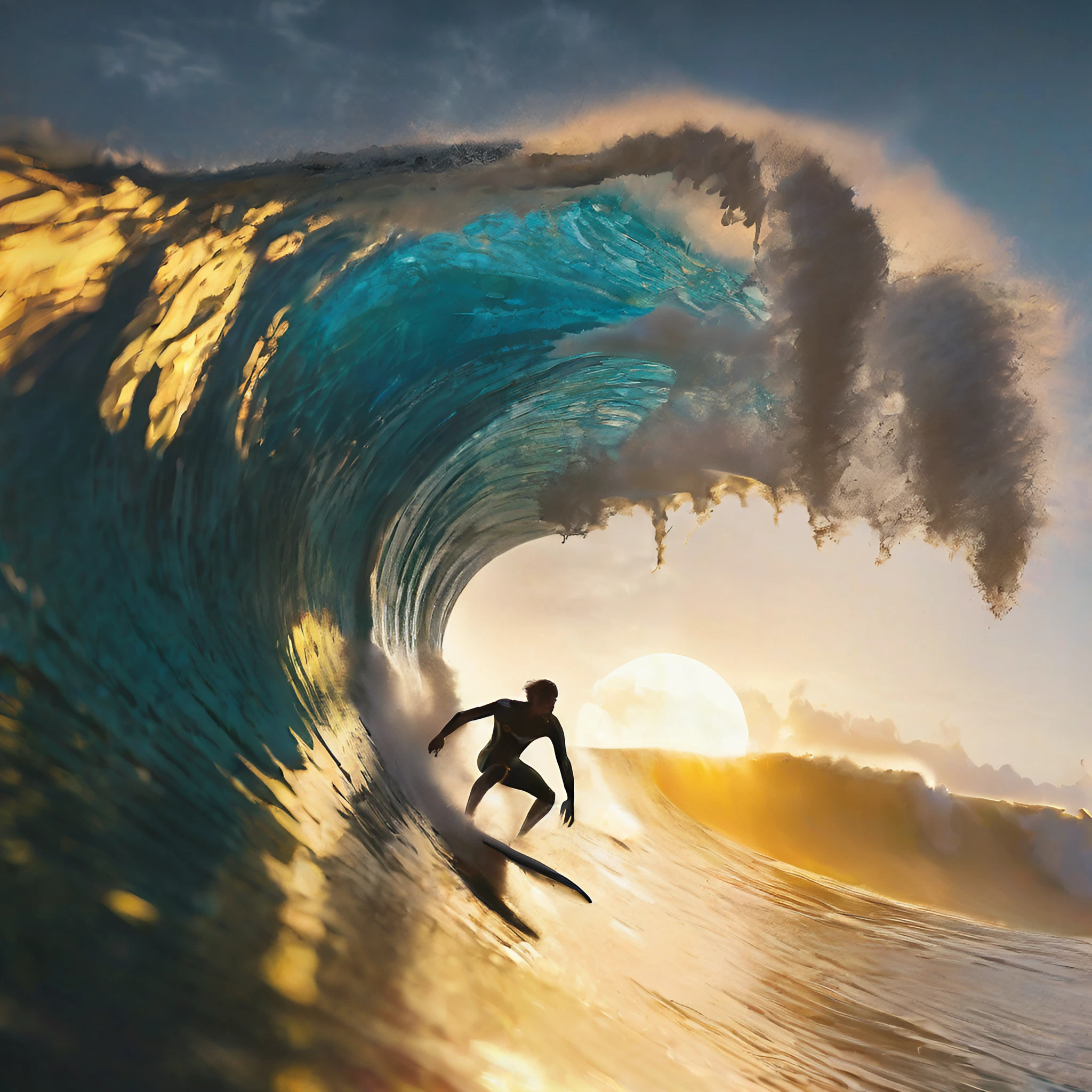 夕日の海＆大波の中のサーフィンを進むかっこいいサーファーの無料リアル写真風画像