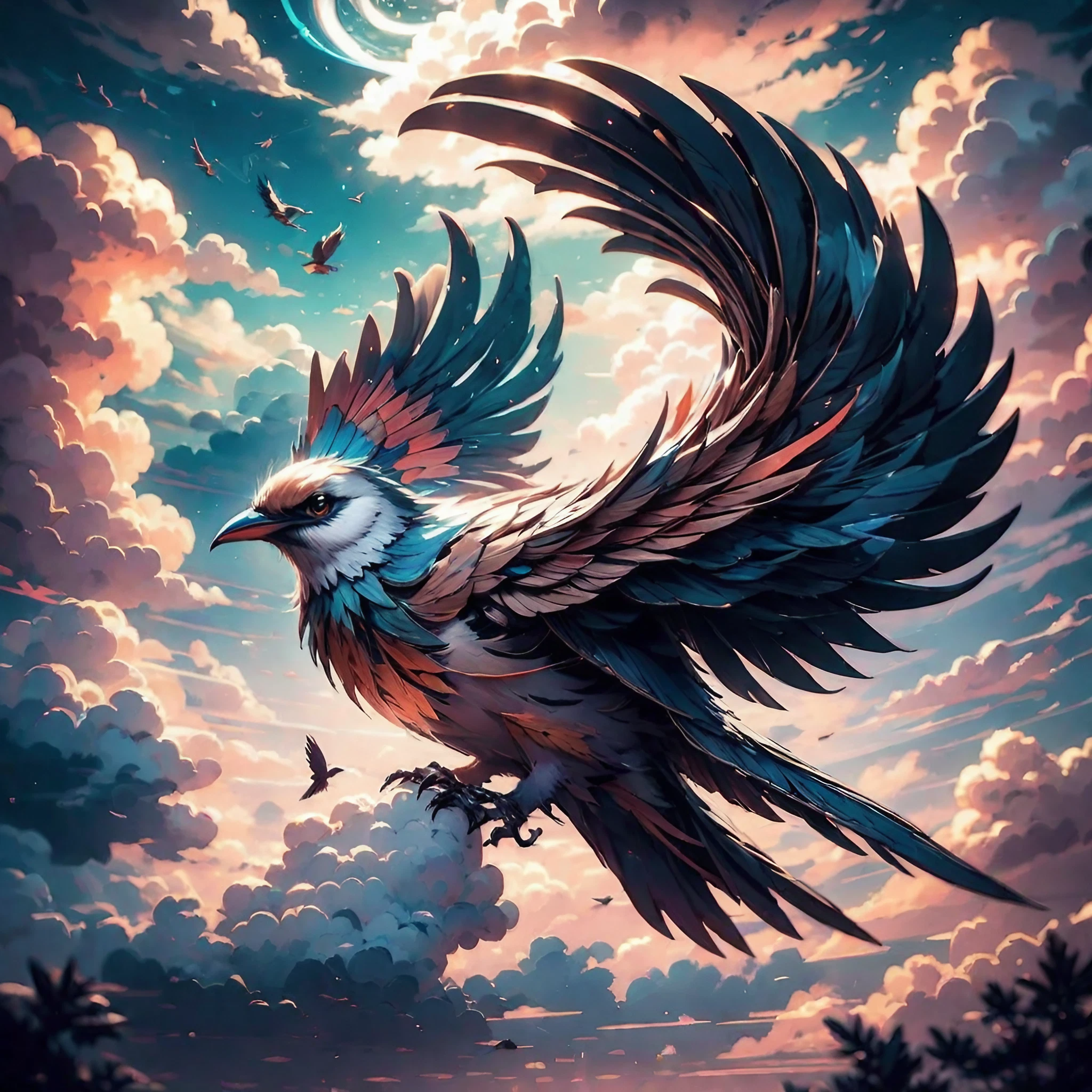 夕暮れの大空を飛ぶフェニックス＆羽を広げる大鳥の無料リアルイラスト画像