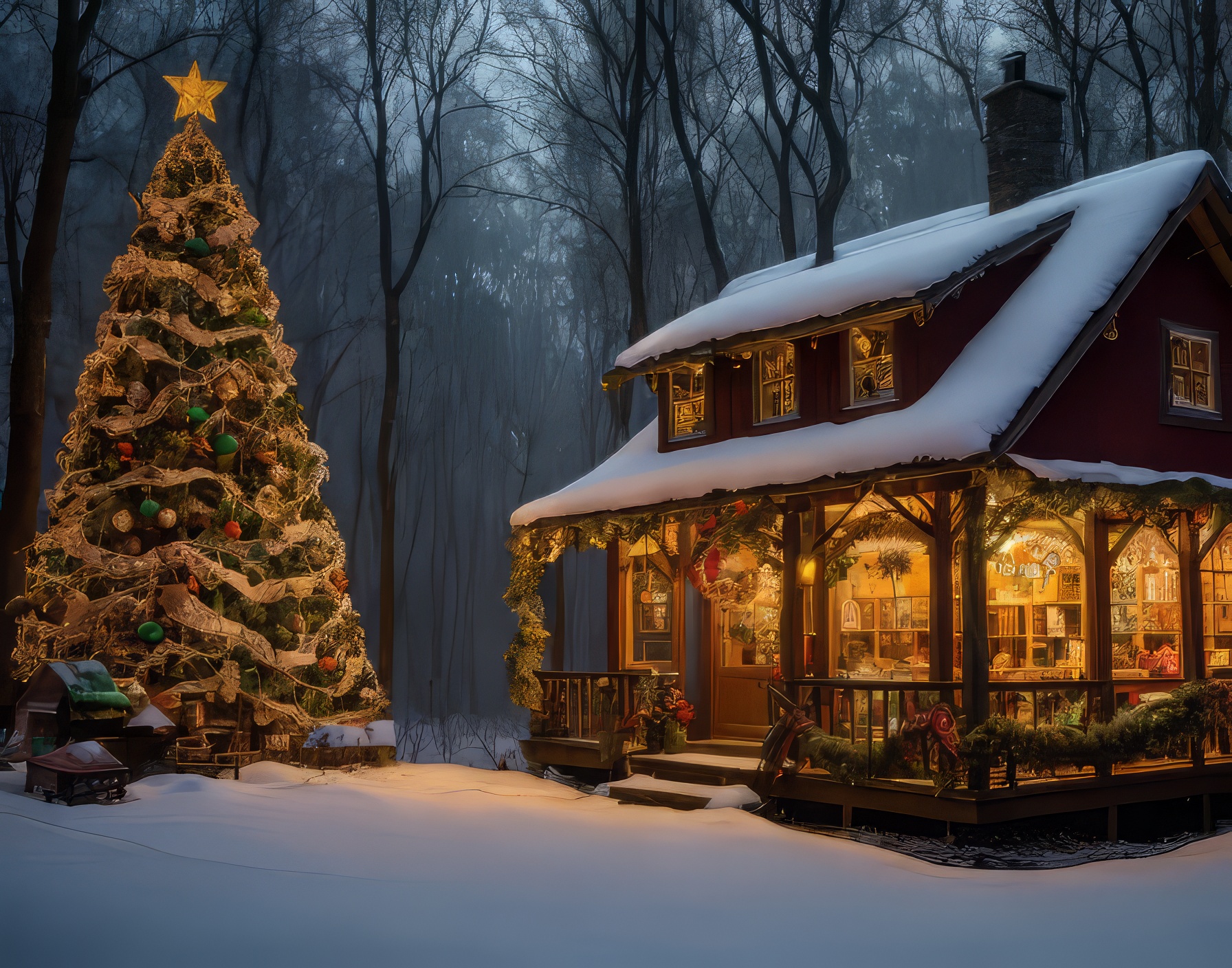 夜の雪と山奥の家のクリスマスツリーとイルミネーションの無料リアルイラスト画像