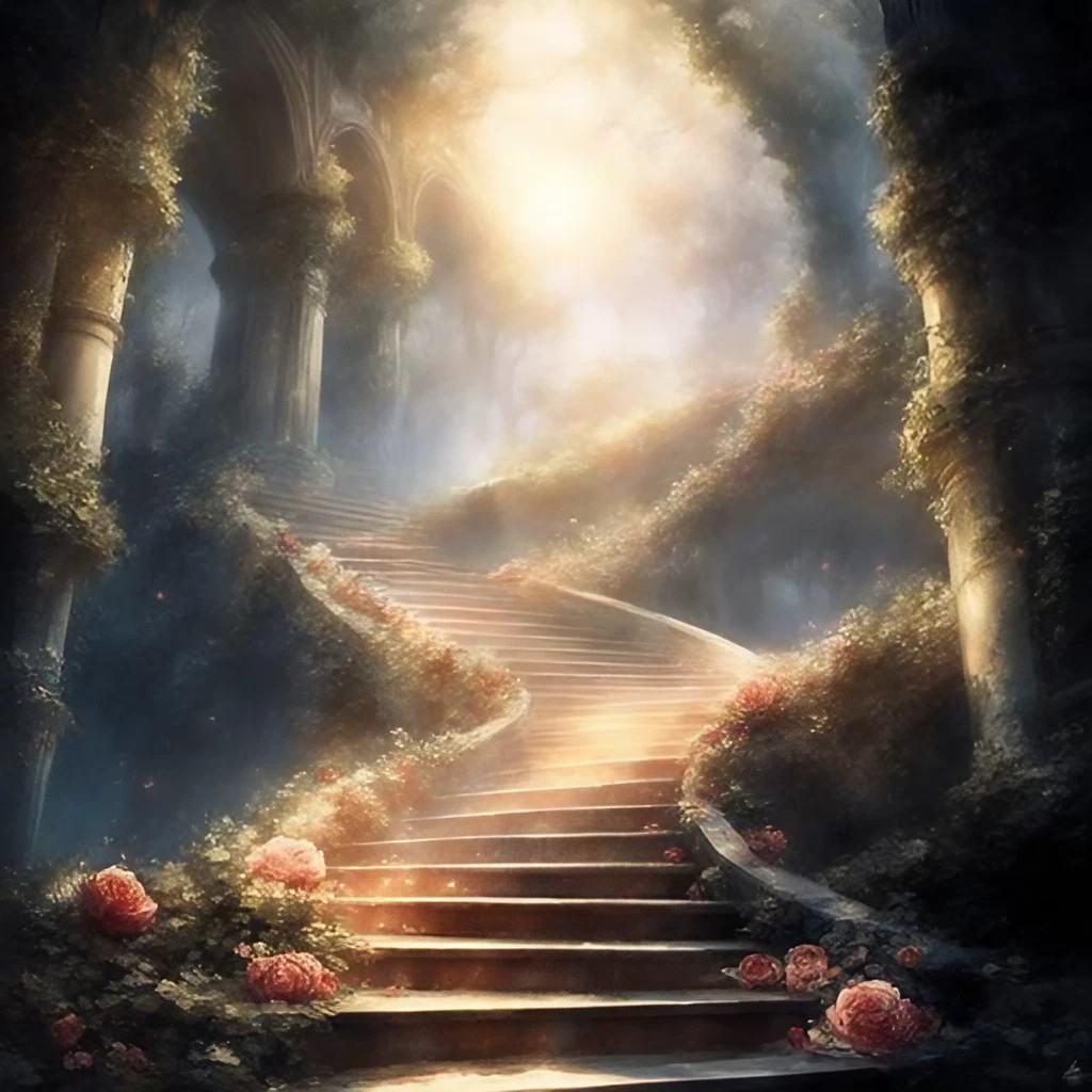 天国のような美しい光と階段＆綺麗なバラと霧のファンタジーな景色の無料背景画像素材
