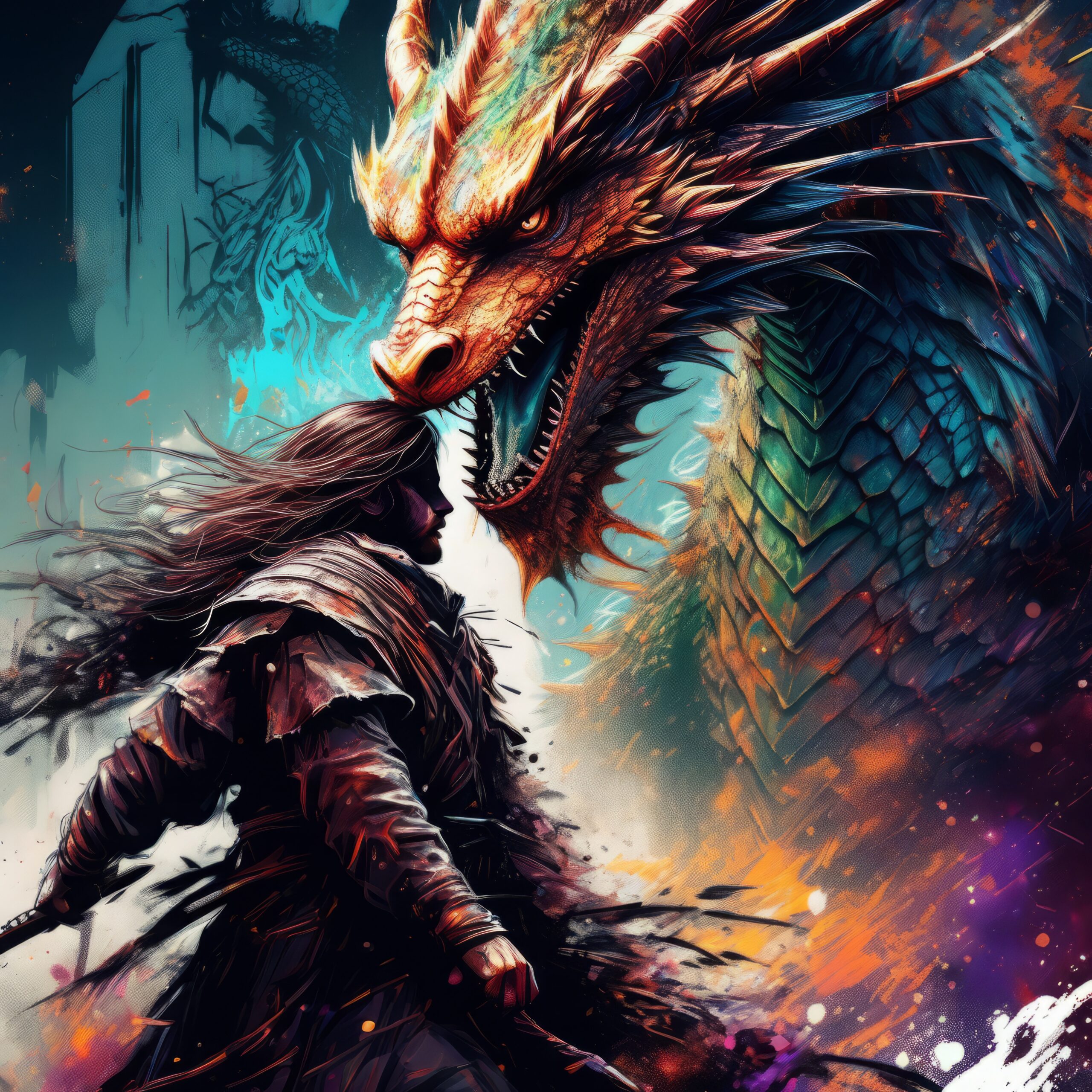 巨大ドラゴンとナイトの闘い＆ファンタジーとRPGの無料リアルイラスト素材