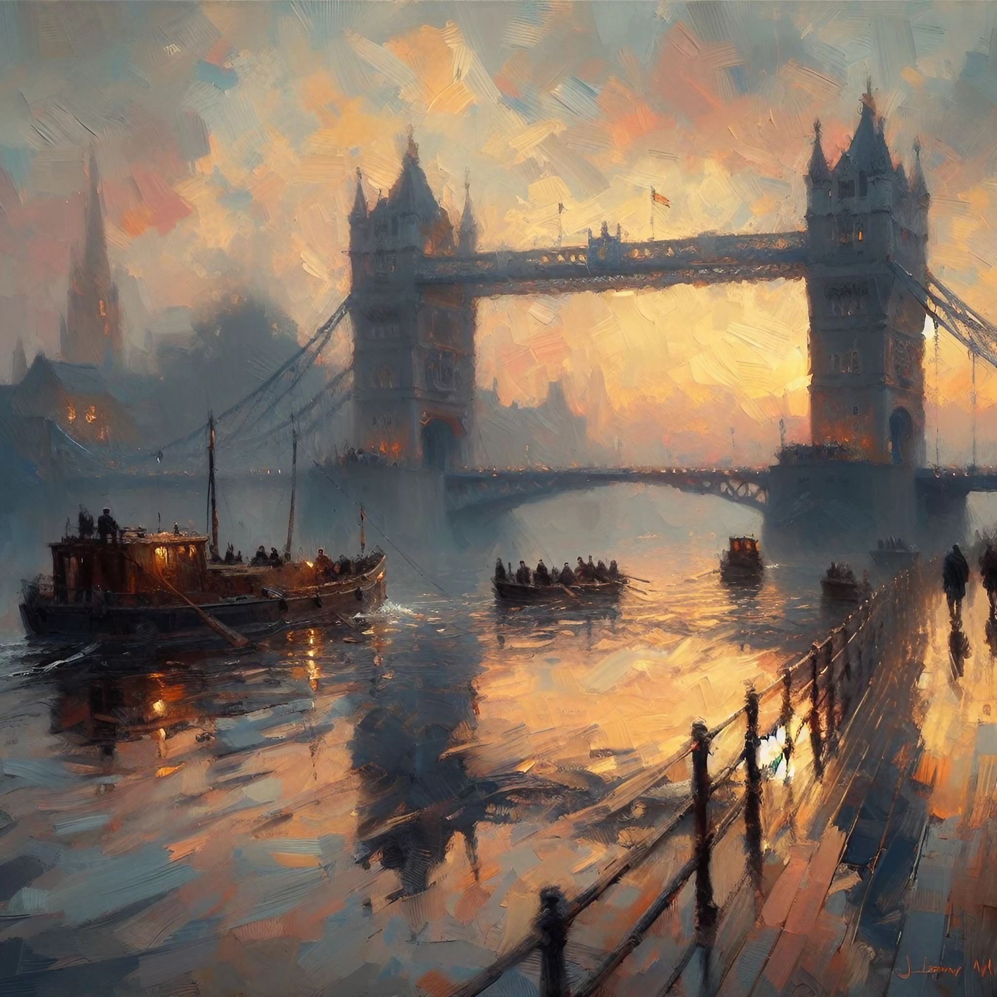 幻想的な朝焼けと綺麗な大きな河川＆美しい橋の印象派のような無料リアルイラスト画像