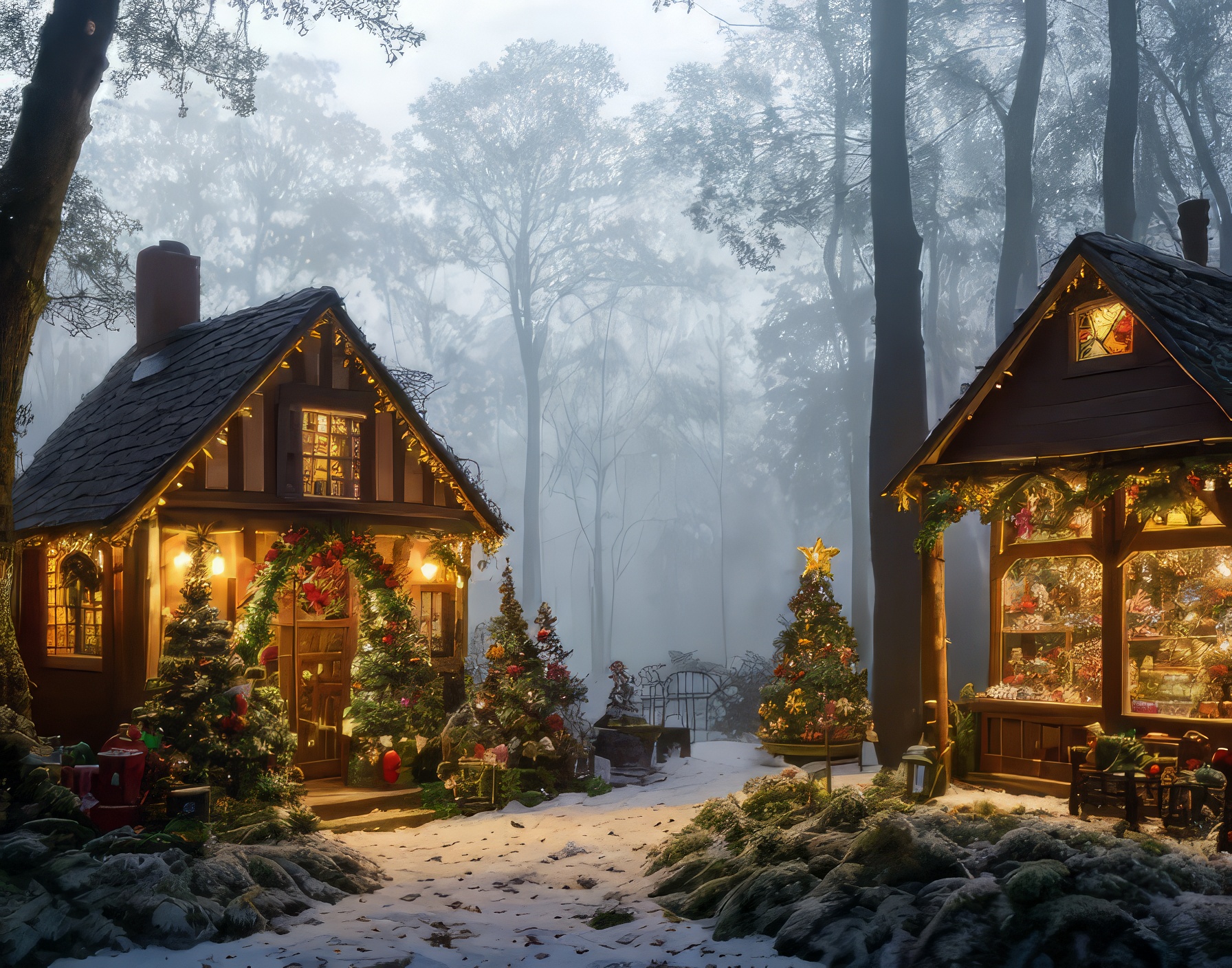 朝焼けと雪山の家のクリスマスの美しい光輝く風景の無料リアル画像