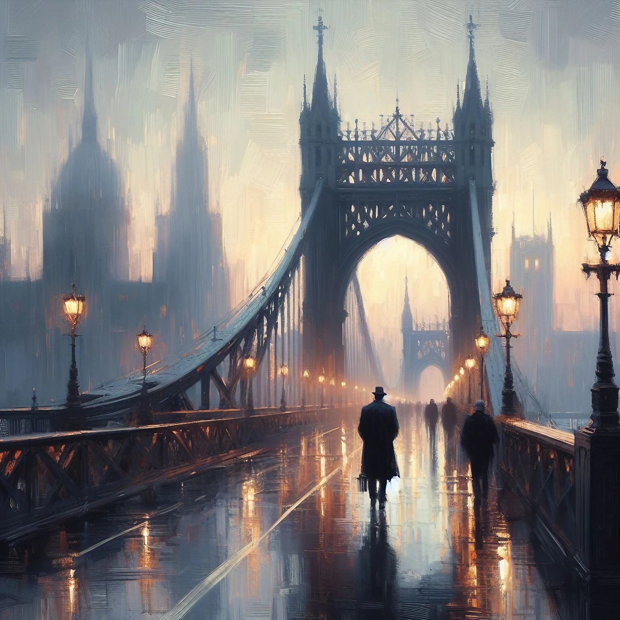 朝焼けのヨーロッパの街並みと大きな橋＆かっこいい男性の後ろ姿の癒しの無料リアルなイラスト画像素材