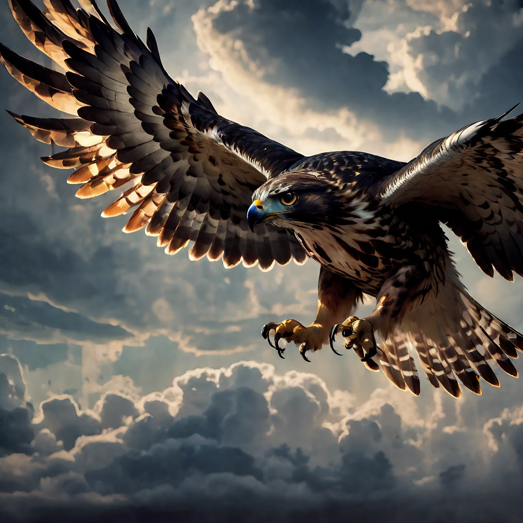 朝焼けの空を舞う鷹＆翼を広げる大型鳥のかっこいい姿の無料リアルイラスト壁紙素材