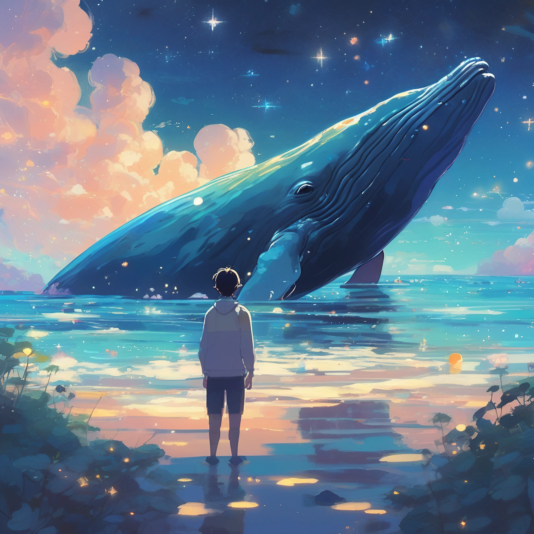 海岸から飛び跳ねる美しい鯨と見つめる少年の幻想的なアニメ風無料画像素材