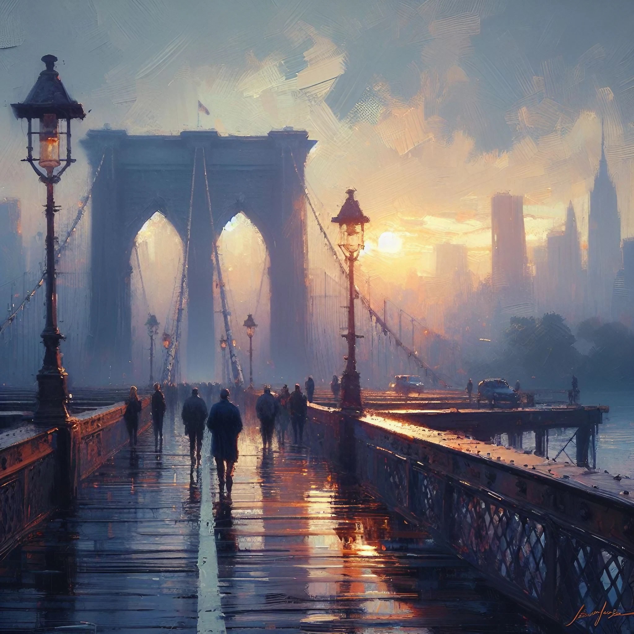 神秘的な日の出と美しいヨーロッパの大橋＆街中の人々と綺麗な癒しの無料リアル画像素材