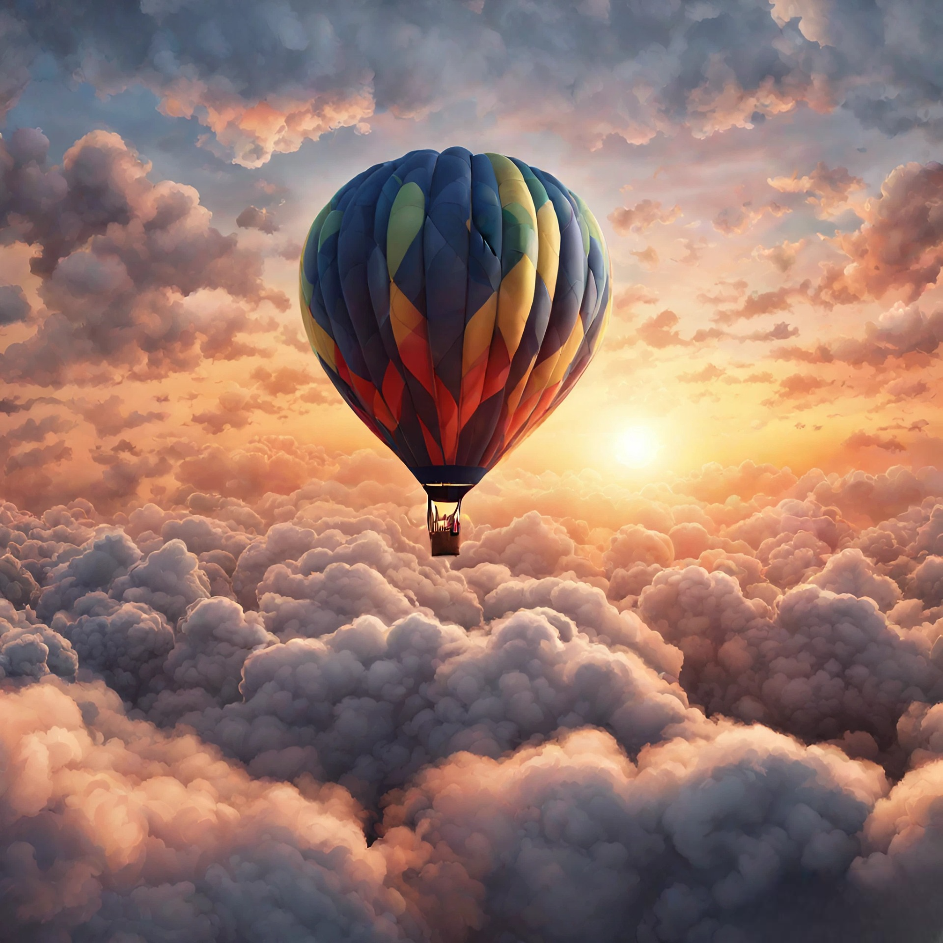 綺麗な夕日と空と雲の上を飛ぶ気球の幻想的なリアル風景