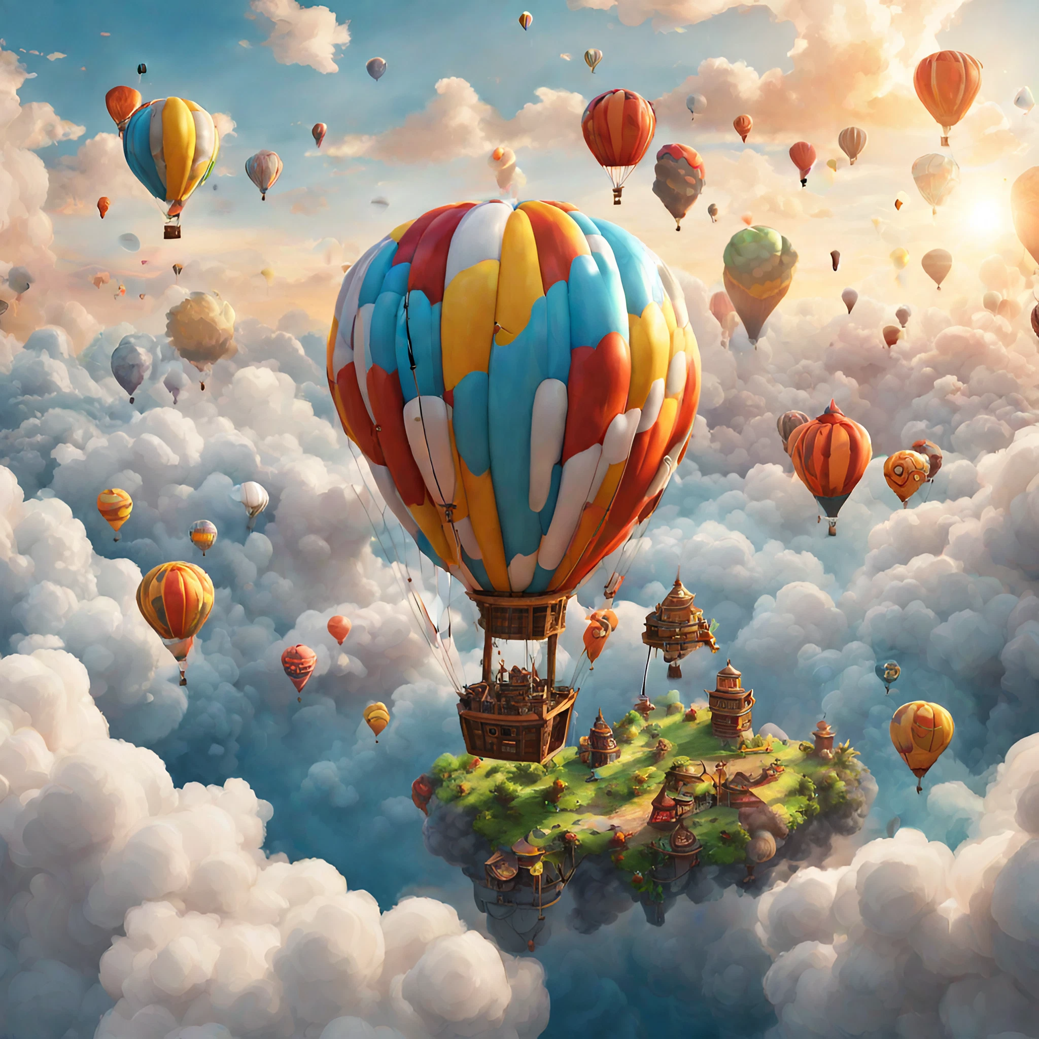 綺麗な空と朝日の中のバルーン＆かわいい気球のリアルな光景