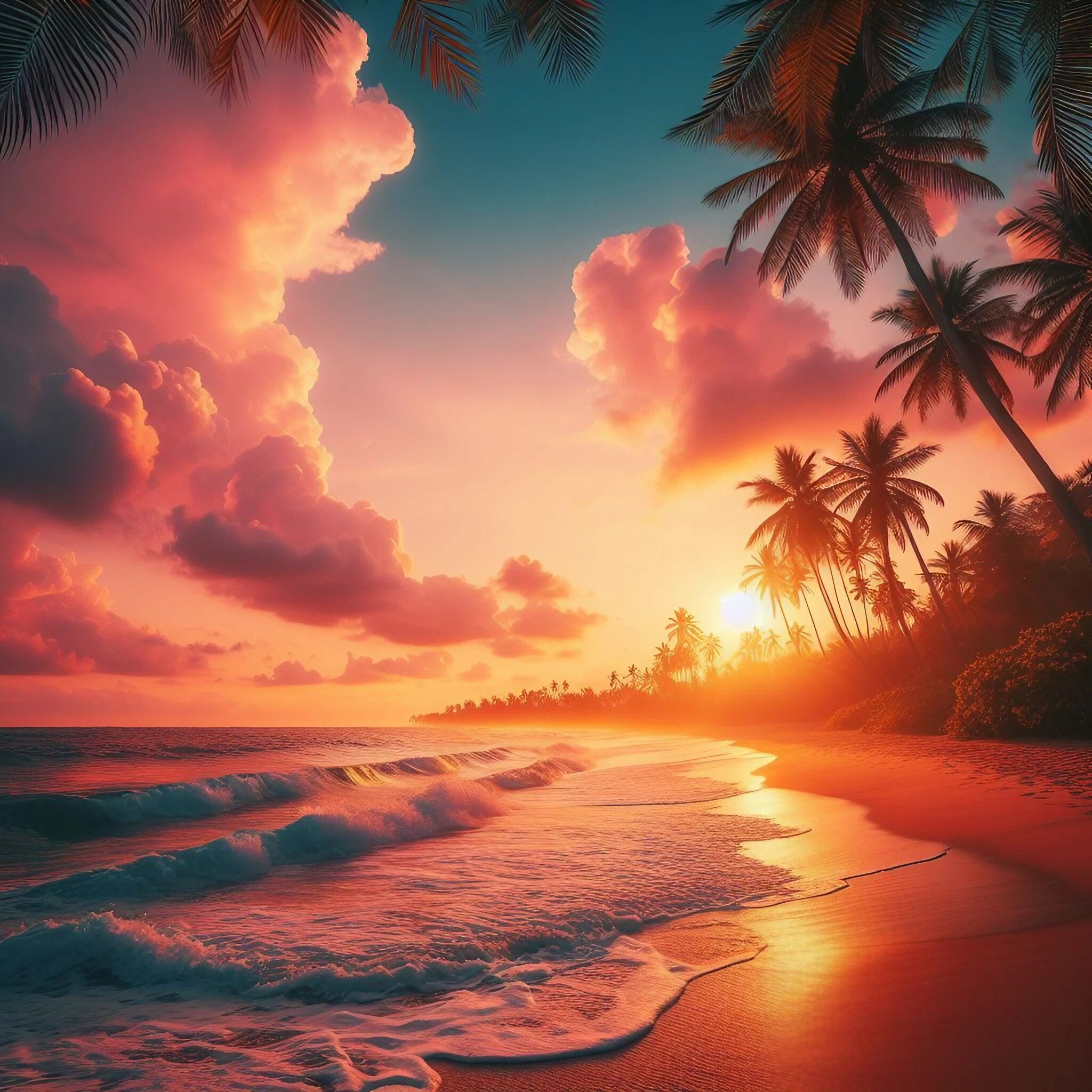 美しい南国の砂浜に光る夕日と海岸とヤシの木＆綺麗な空と雲の無料写真風リアルイラスト