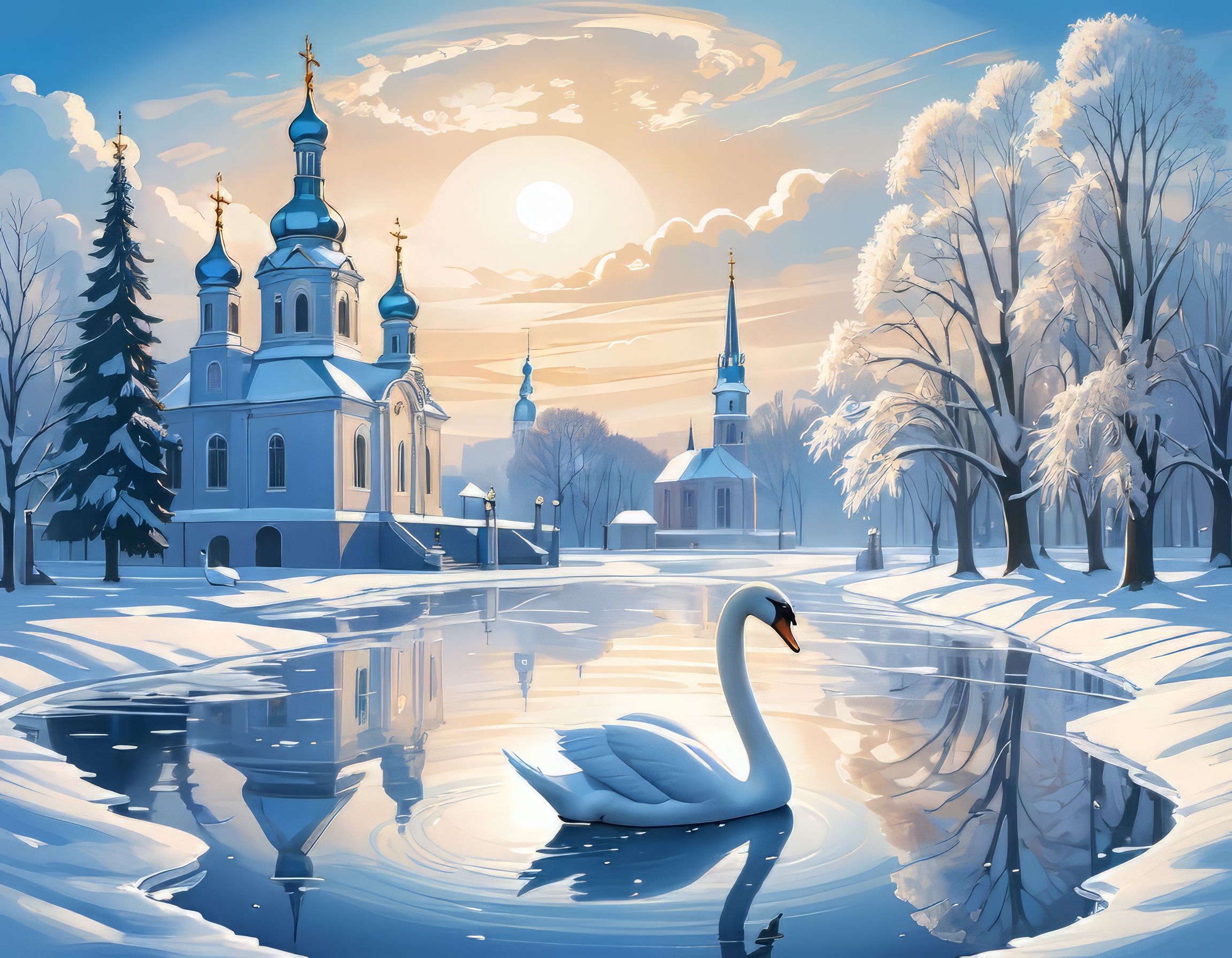 美しい夕暮れと湖に浮かぶ白鳥＆雪原と木々の綺麗な自然の無料壁紙画像素材