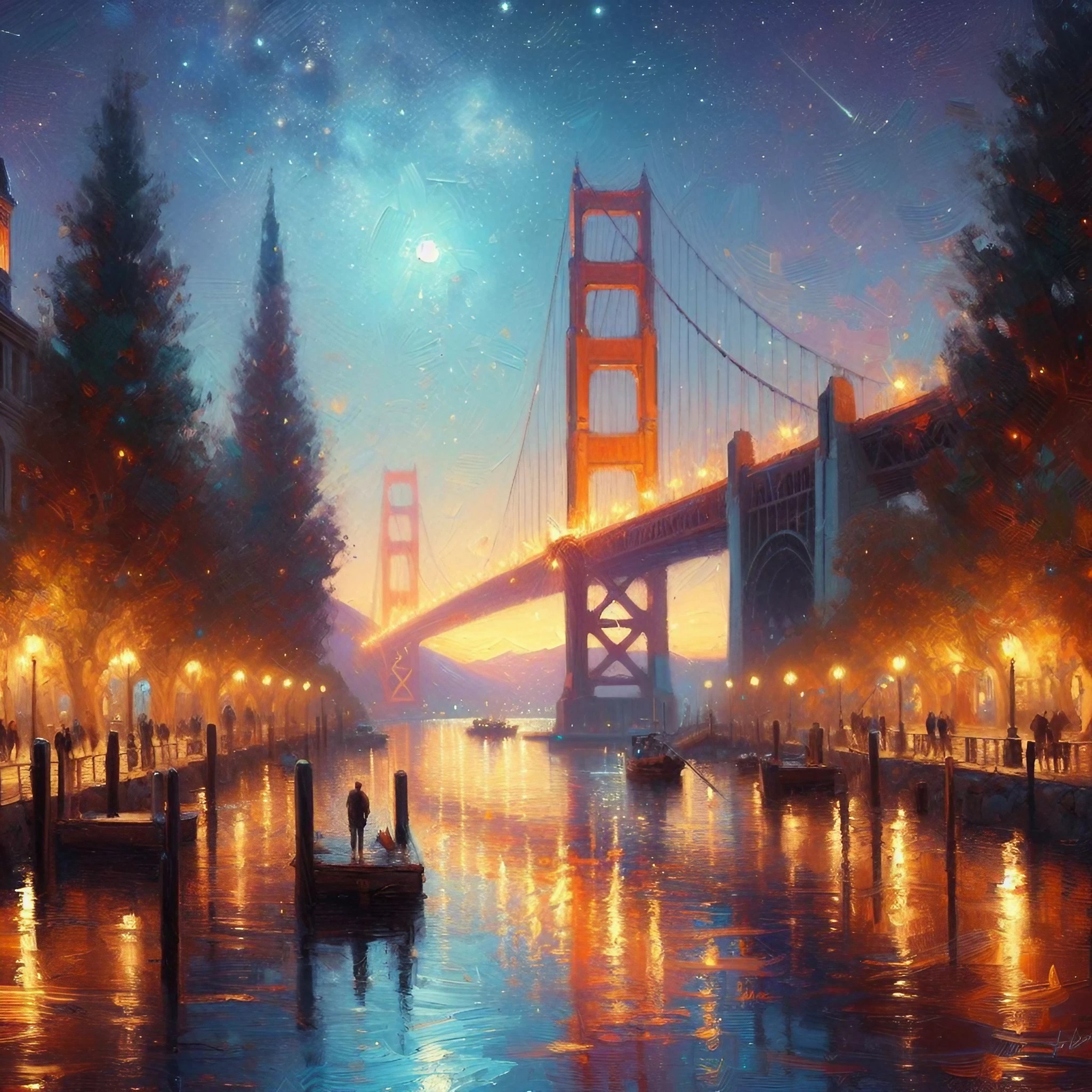 美しい夜空と星明かりの川＆かっこいい外国の大橋と小舟の癒しのフリー背景画像素材