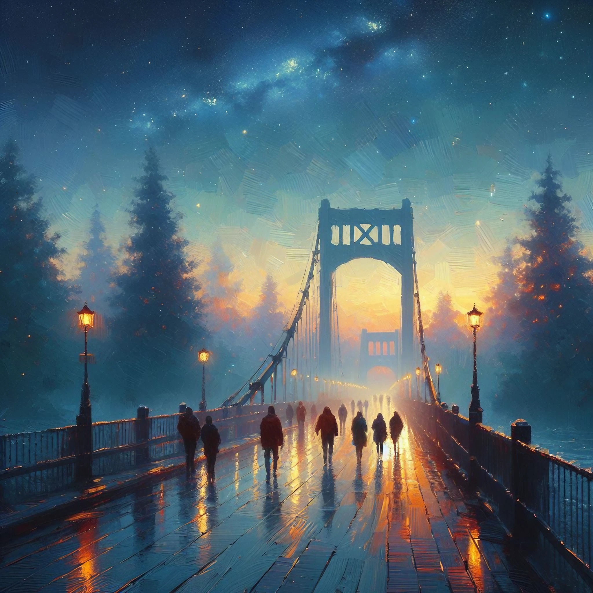 美しい夜空に輝く天の川と自然に囲まれたヨーロッパの大橋＆幻想的な日の光の街灯の無料リアルな癒しの油絵イラスト背景素材