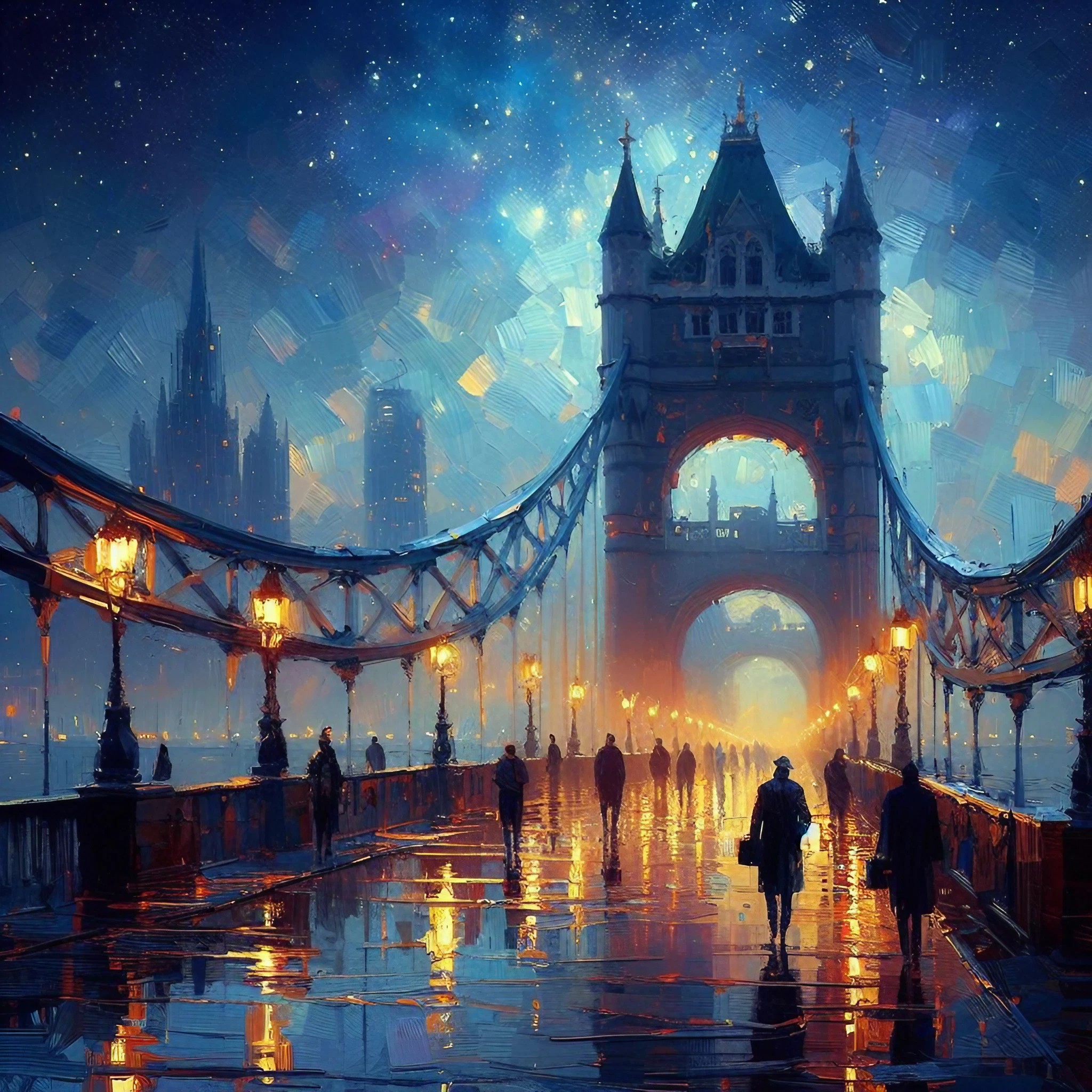 美しい大きな橋と街灯のヨーロッパの街並み＆かっこいい癒しの冬の夜空と星空の油絵の無料高画質フリー背景画像素材