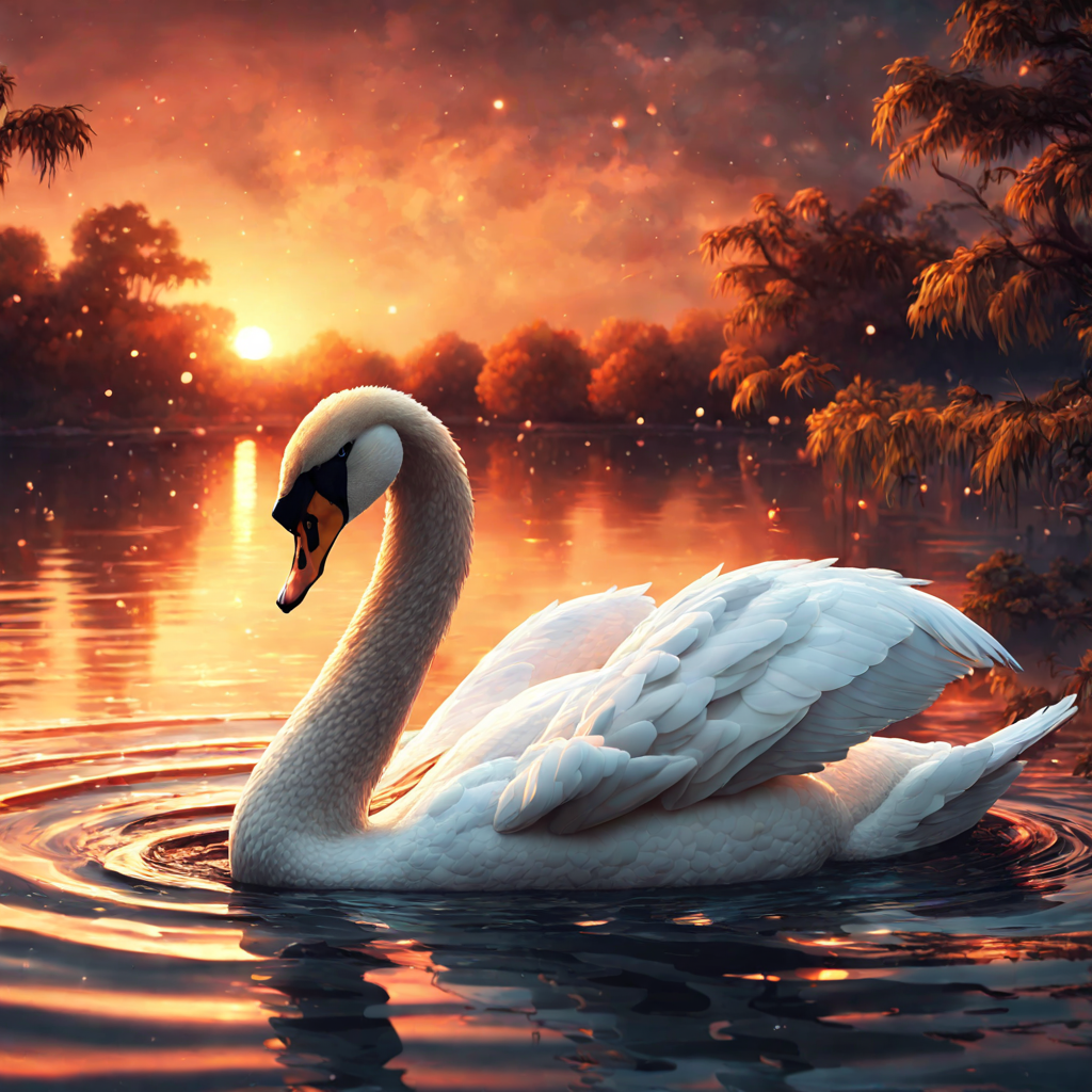 美しい山と湖の夕日＆優雅で綺麗な羽の白鳥の無料フリーリアル写真素材