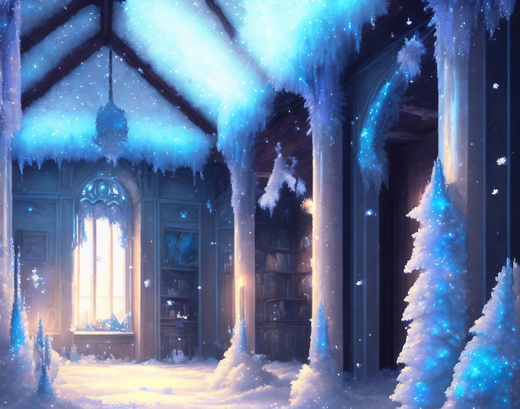 美しい氷のお城の部屋と青光の癒しのファンタジーなフリーイラスト