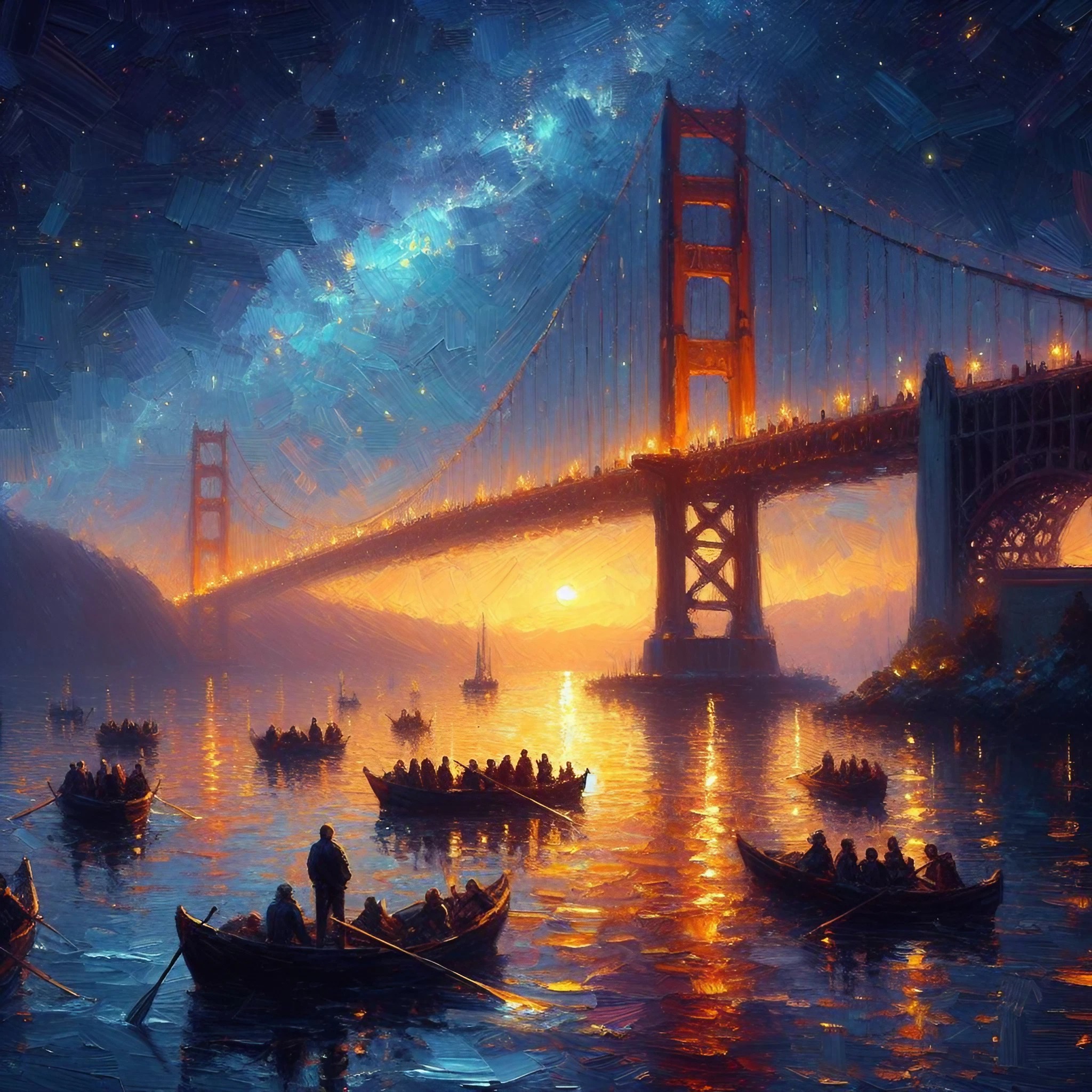 美しい火の光が灯る小舟とかっこいい大きな橋＆幻想的な夜と星空の癒しの風景のフリー壁紙イラスト画像