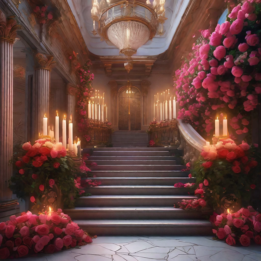 美しい赤いバラと洋館の大きな階段＆ロウソクとシャンデリアのゴージャスで綺麗な玄関の無料リアルイラスト画像