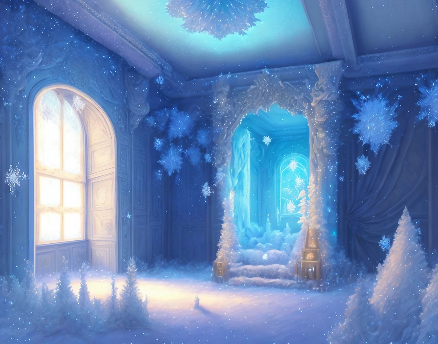 美しい雪の幻想的な部屋＆癒される魔法とファンタジーの世界のリアルなフリーイラスト