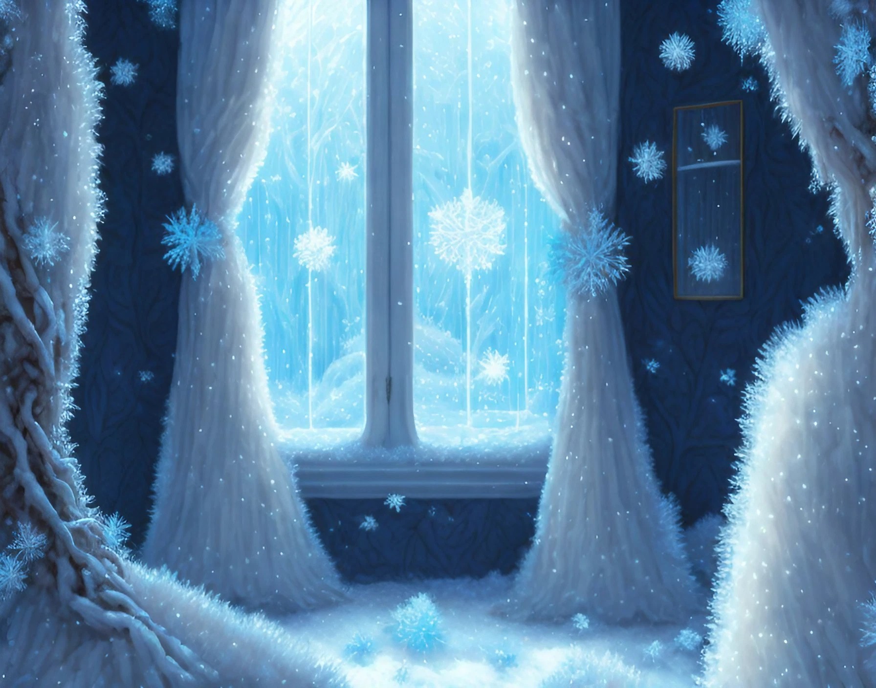 美しい雪降る景色の窓とカーテン＆青白い幻想的な風景のリアルなフリーイラスト