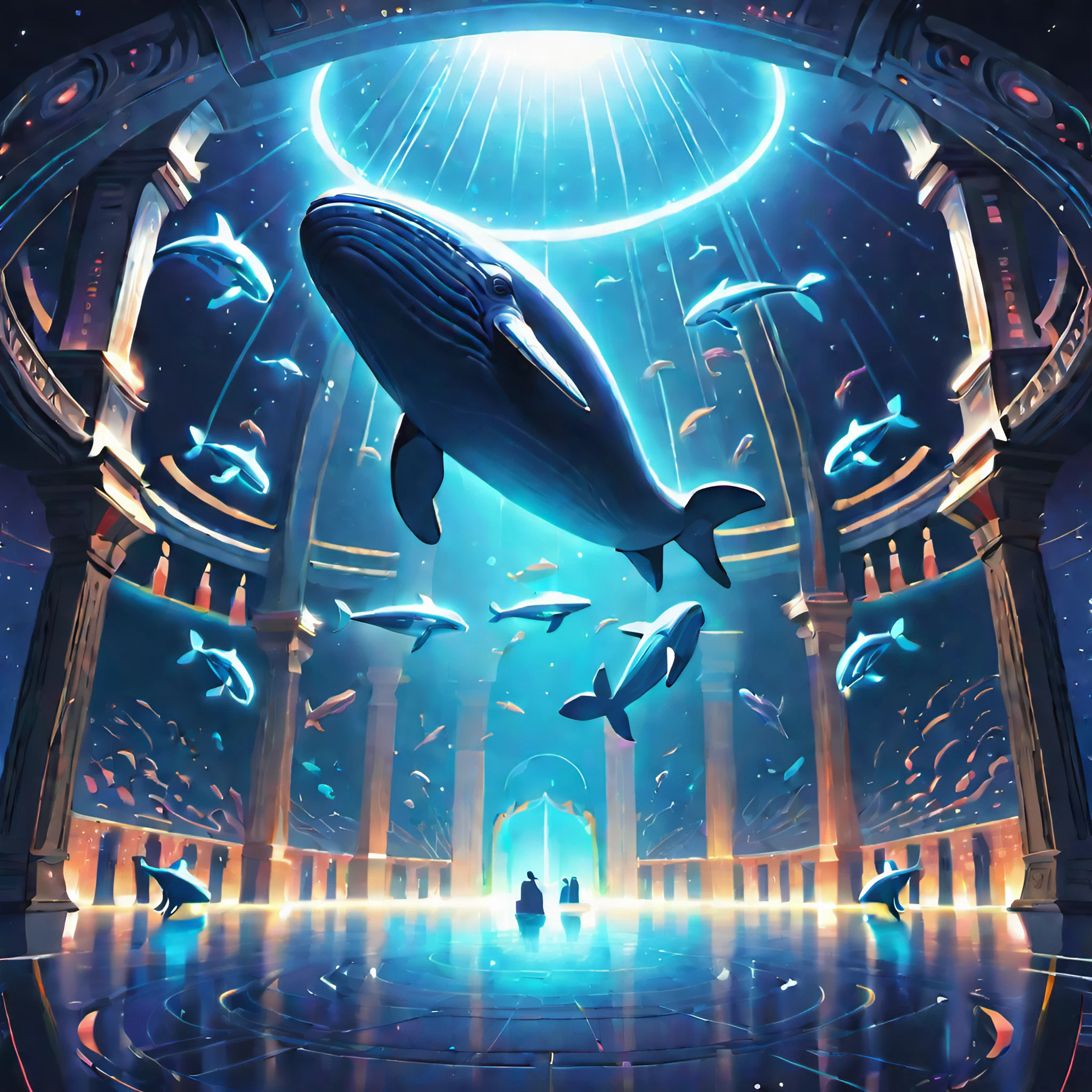 美しくかっこいい鯨＆海の中の神秘的な神殿のリアル無料画像素材