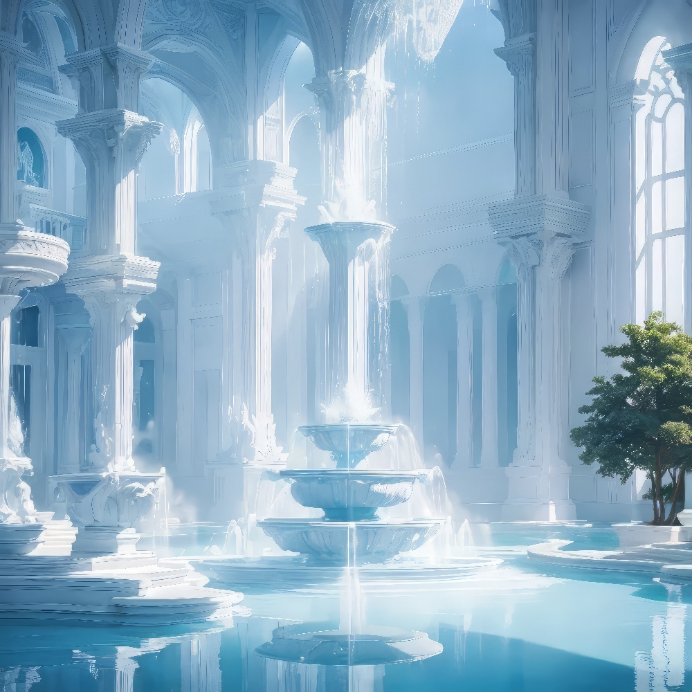 西洋の噴水と美しい白い宮殿のファンタジー風リアル無料画像