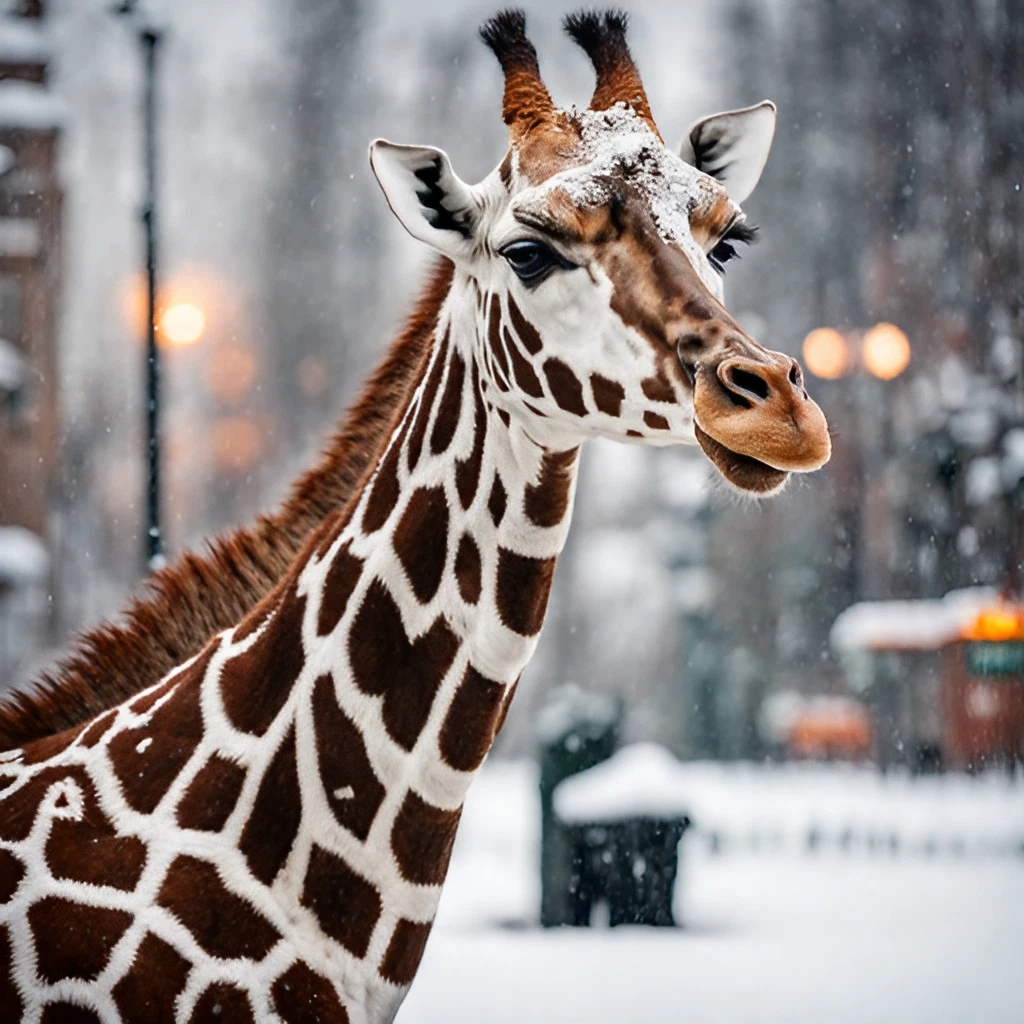 雪の中のキリンと美しいアメリカの市街地の綺麗な無料写真風リアル画像