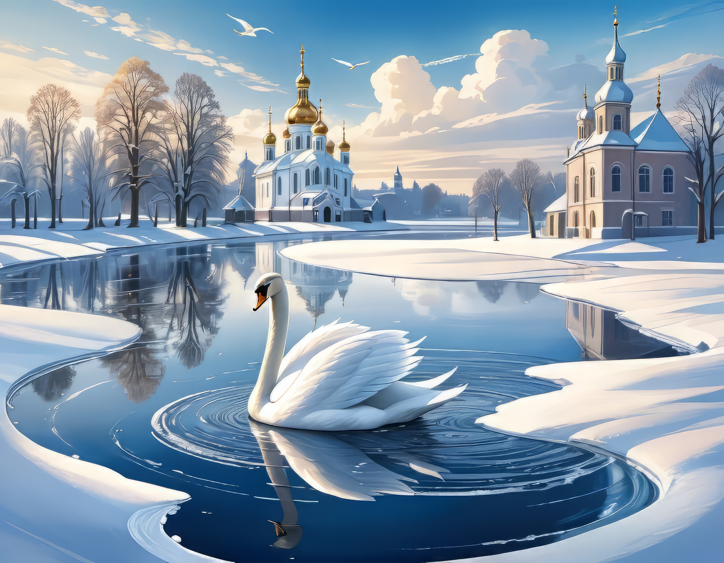 雪原と湖に浮かぶ美しい白鳥＆綺麗な青空の無料イラスト画像素材