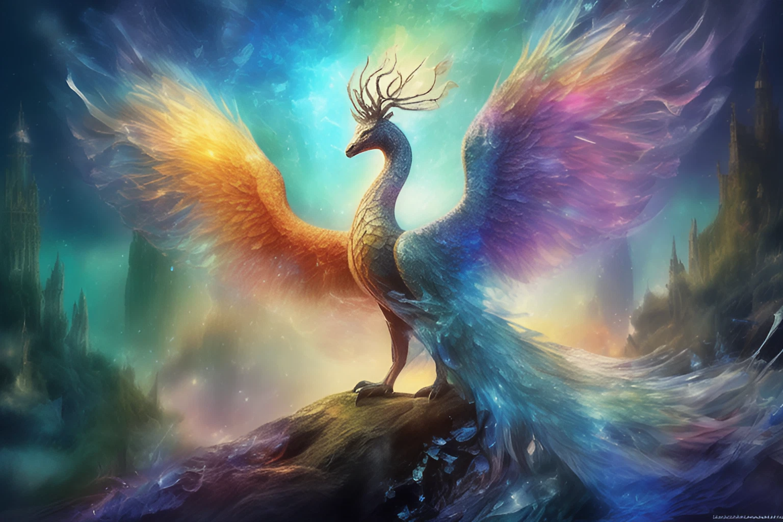 美しい虹色の翼のフェニックス＆幻想的な鳥のリアルな無料壁紙素材