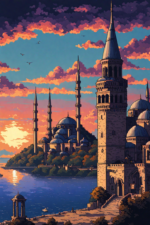 かっこいいお城のピクセルのイラスト＆美しい夕暮れのファミコン風のドット絵のスマホ壁紙