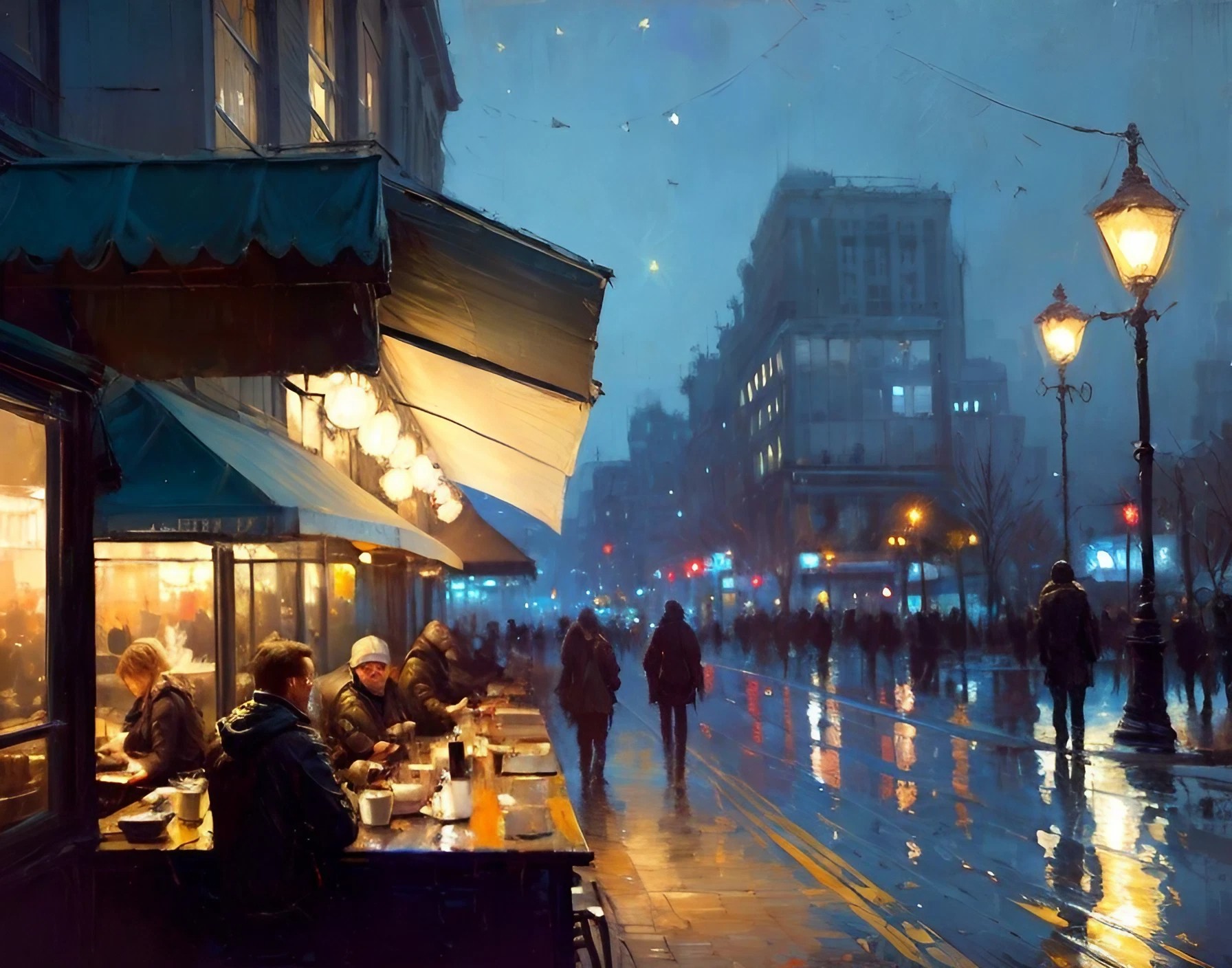 かっこいいニューヨークのコーヒーショップ＆綺麗な街灯と夜空の癒しの無料油絵イラスト壁紙画像素材