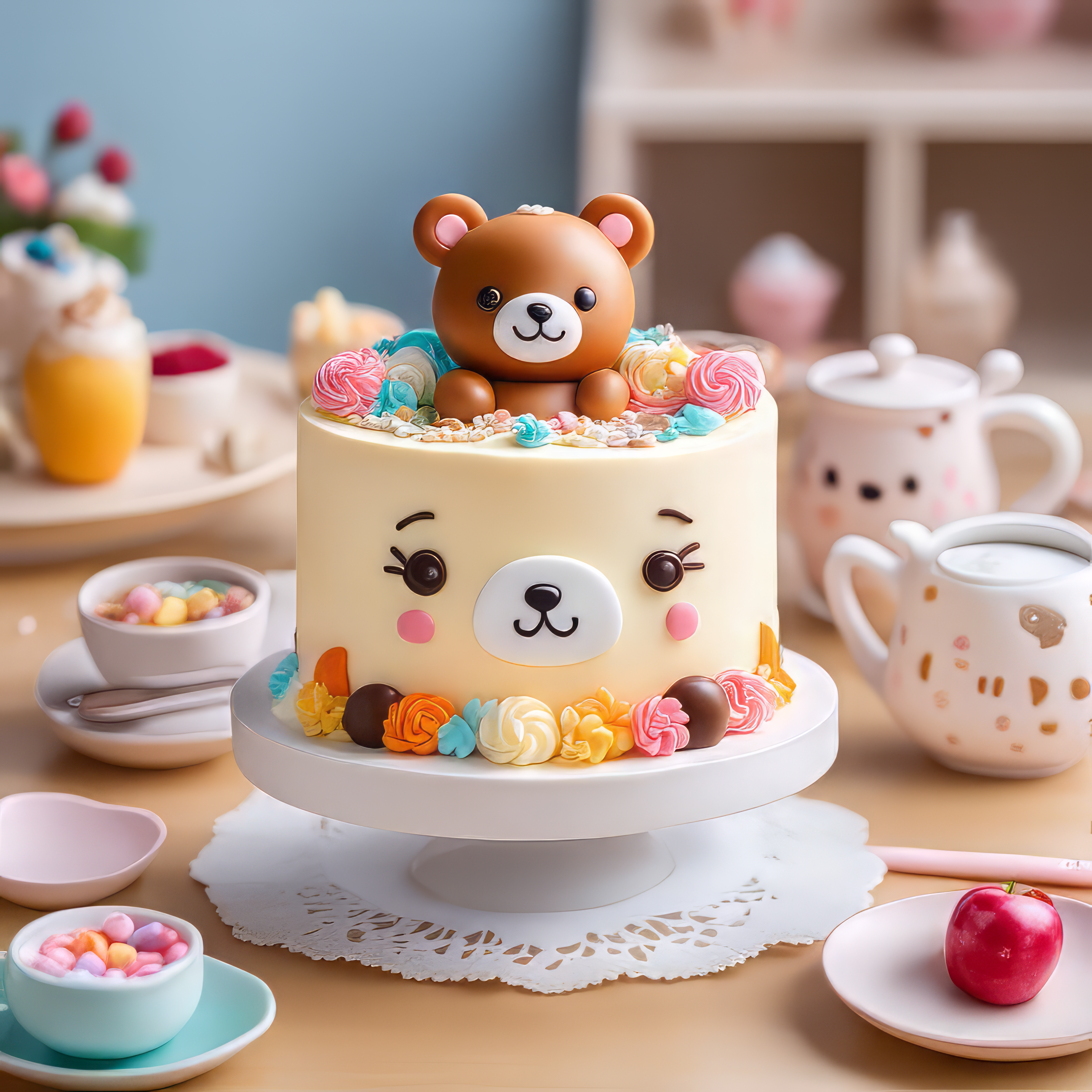 かわいいキャラクターとファンタジー風のケーキ＆カラフルでオシャレなお菓子と紅茶の無料リアル3D画像素材
