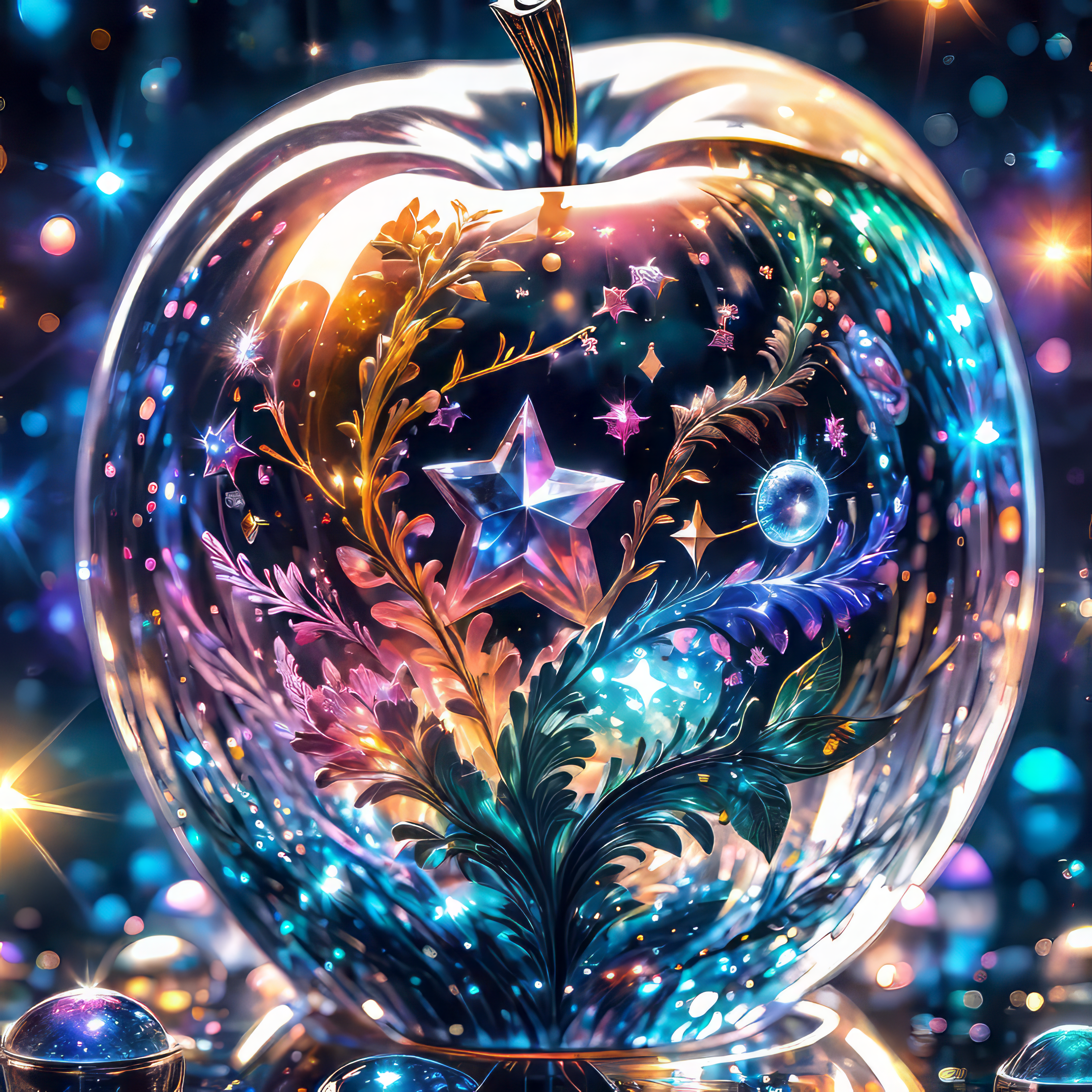 かわいいネオンと虹色の星が映るガラスのリンゴの癒しの無料リアル写真風の画像素材