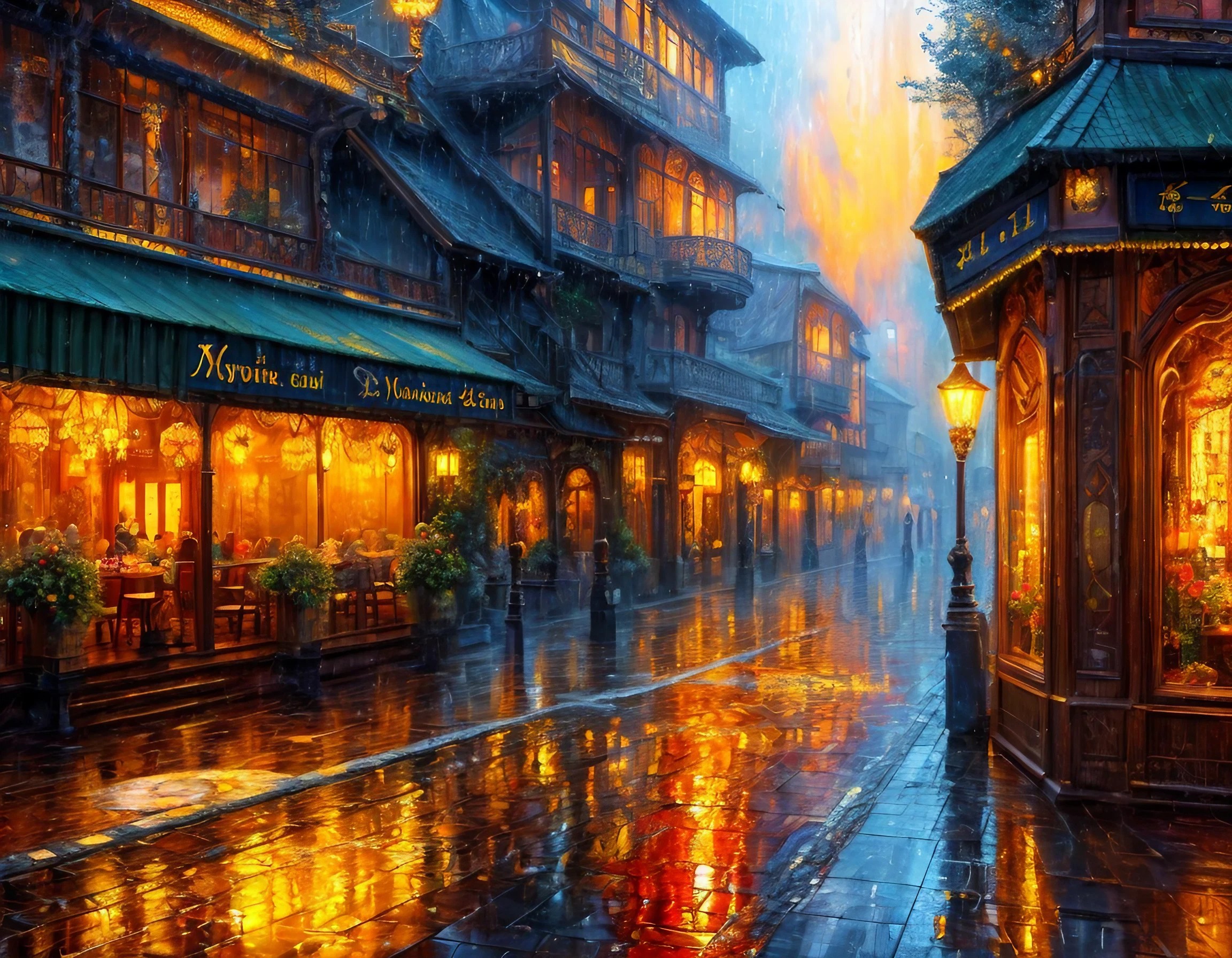 オシャレなヨーロッパのお店と通り＆綺麗な夜空と街灯のアートなフリー油絵イラスト背景画像素材