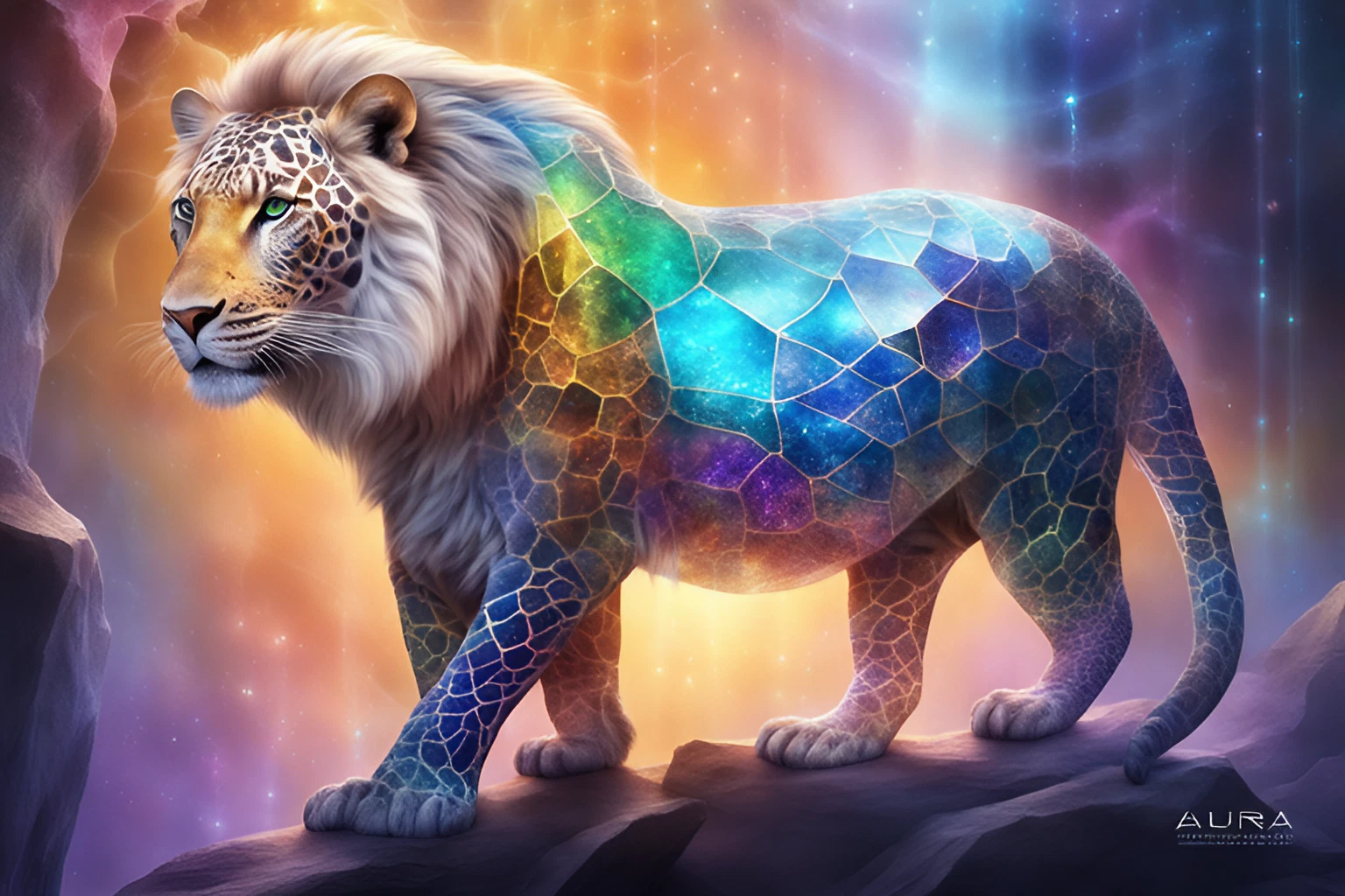 オーロラに輝くかっこいいライオン＆美しい幻想的な動物の癒しのリアルなフリーイラスト画像