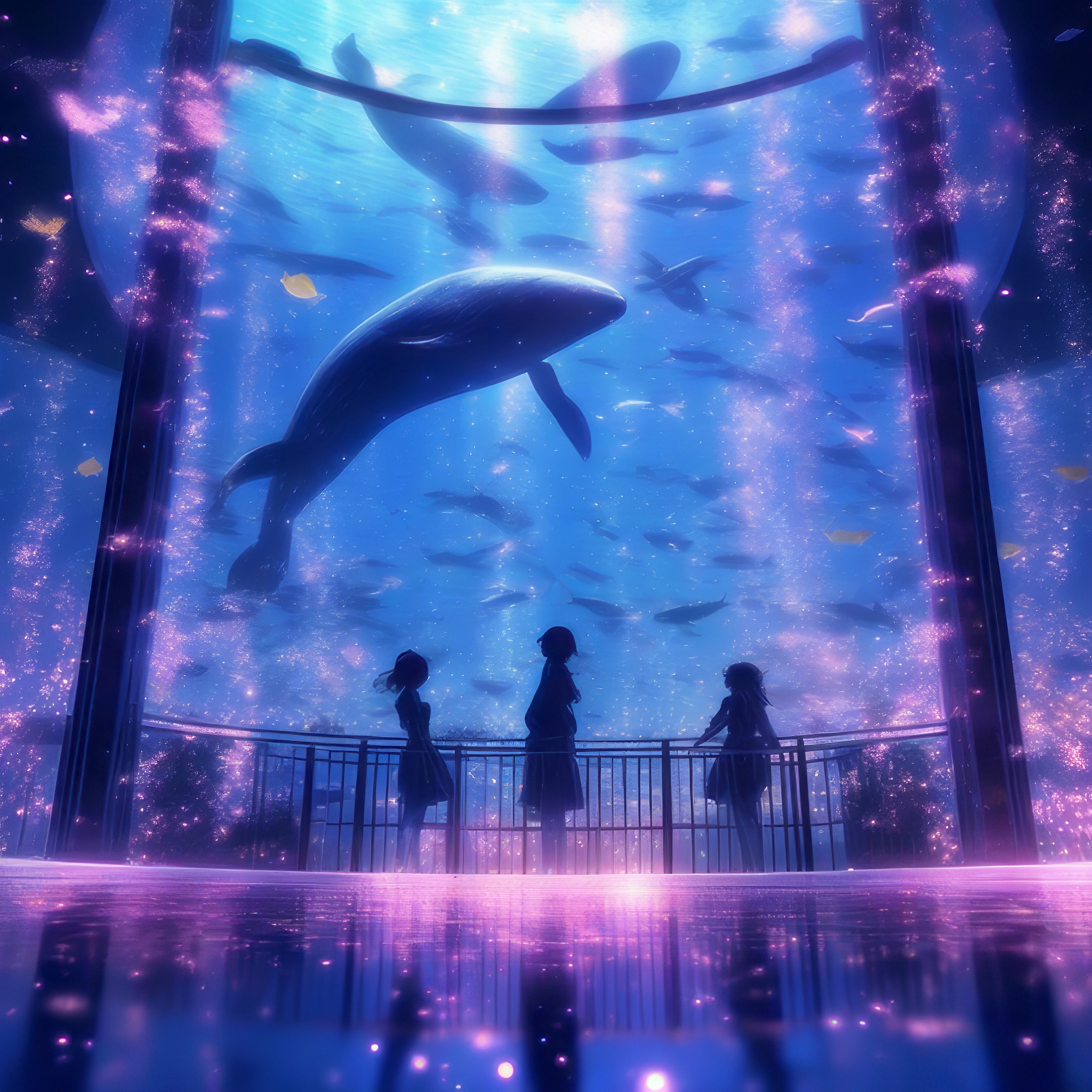 ネオンと幻想的な世界の巨大な水族館＆クジラの群れの美しい海のフリー背景イラスト素材