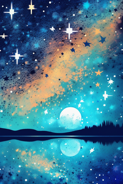 ピクセルアートの美しい夜空と月のオーロラ風景の無料イラスト画像素材