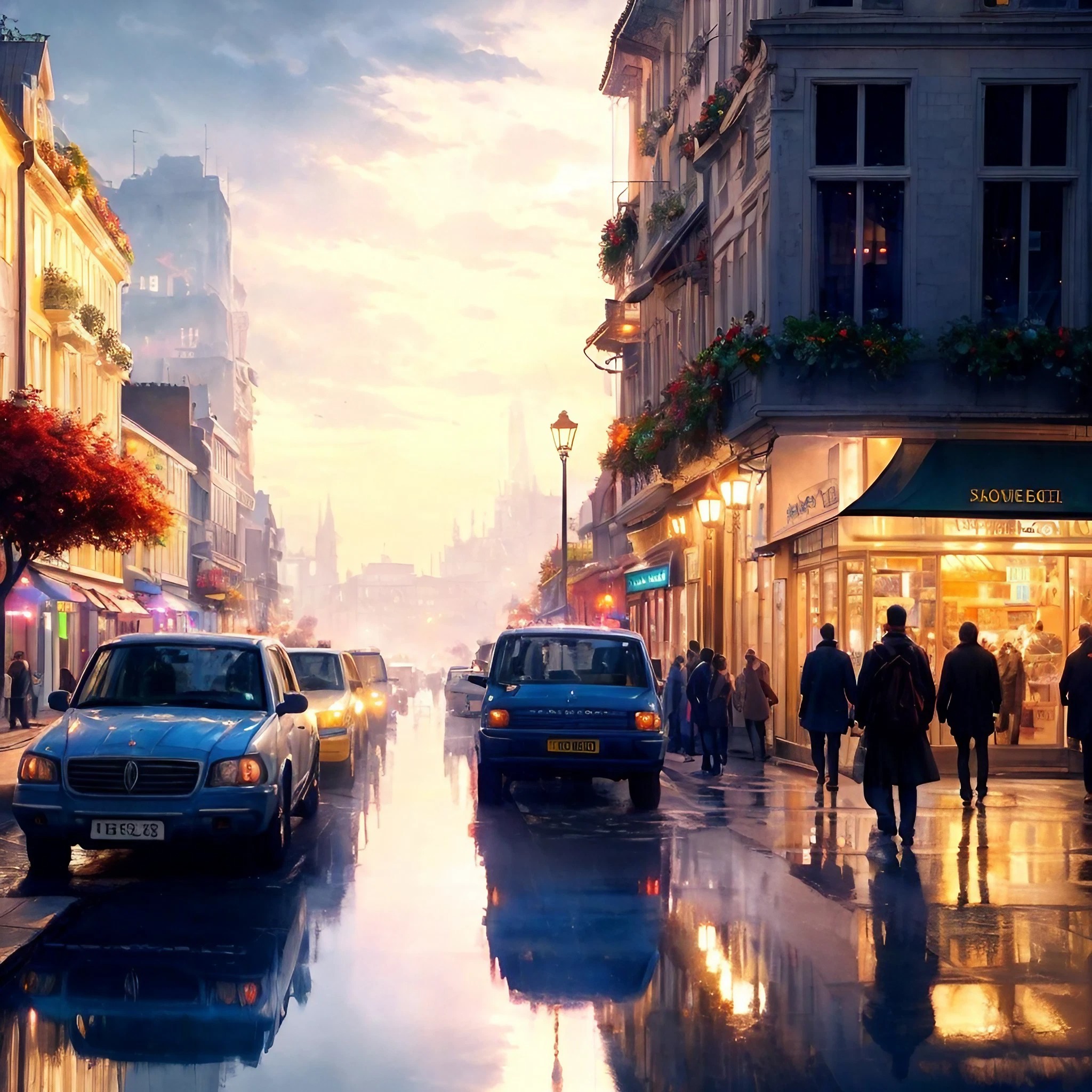 ヨーロッパの美しい夕焼けのショッピング街＆綺麗な朝焼けの空と灯の幻想的な癒しの無料背景素材イラスト素材